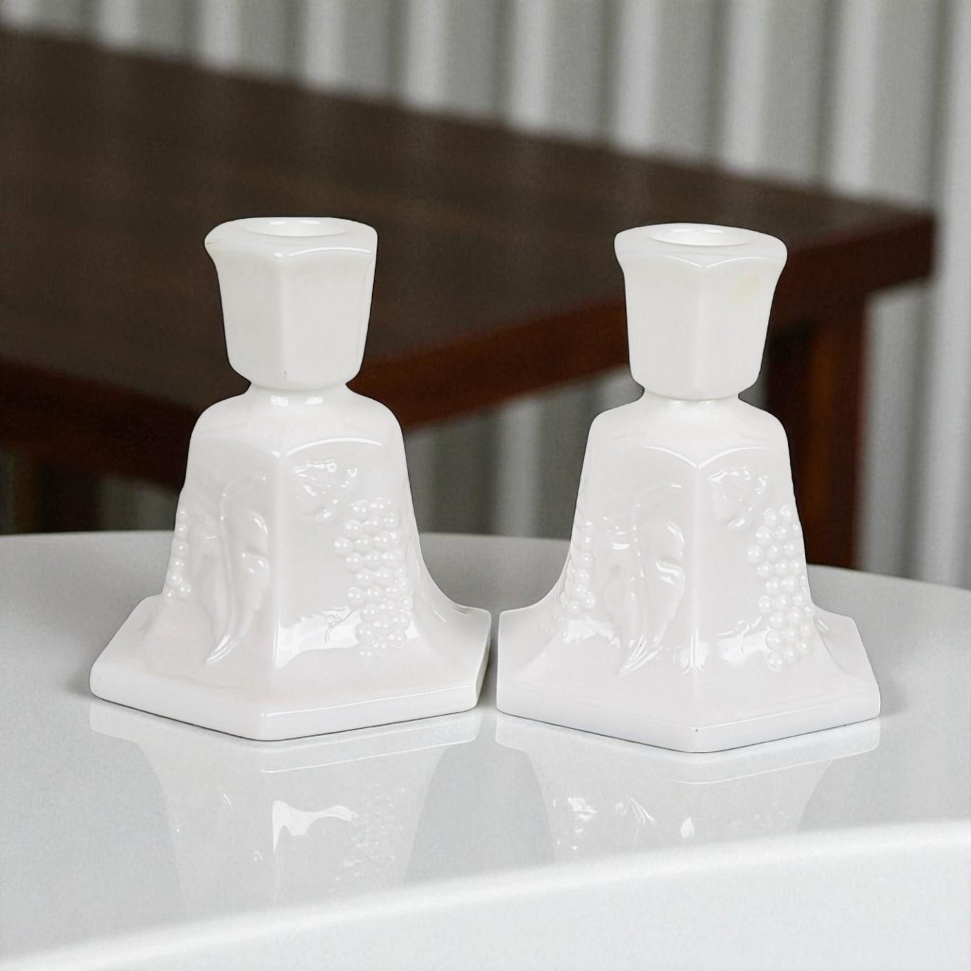 Vintage Fostoria Milk Glass Candle Holders, Pair, Grape Pattern, 4.25 Inches - Mid-Century Modern