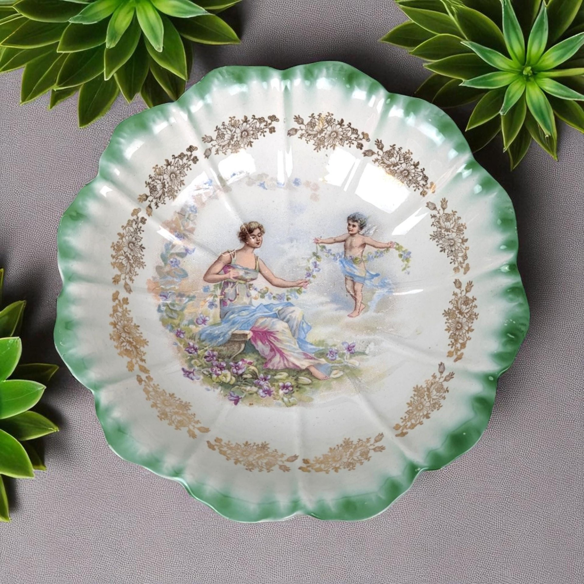 Vintage Dresden (Laurel Leaf Mark) Porcelain Bowl, Woman with Angel Motif, Green & Gold Trim, 9.25 Inches
