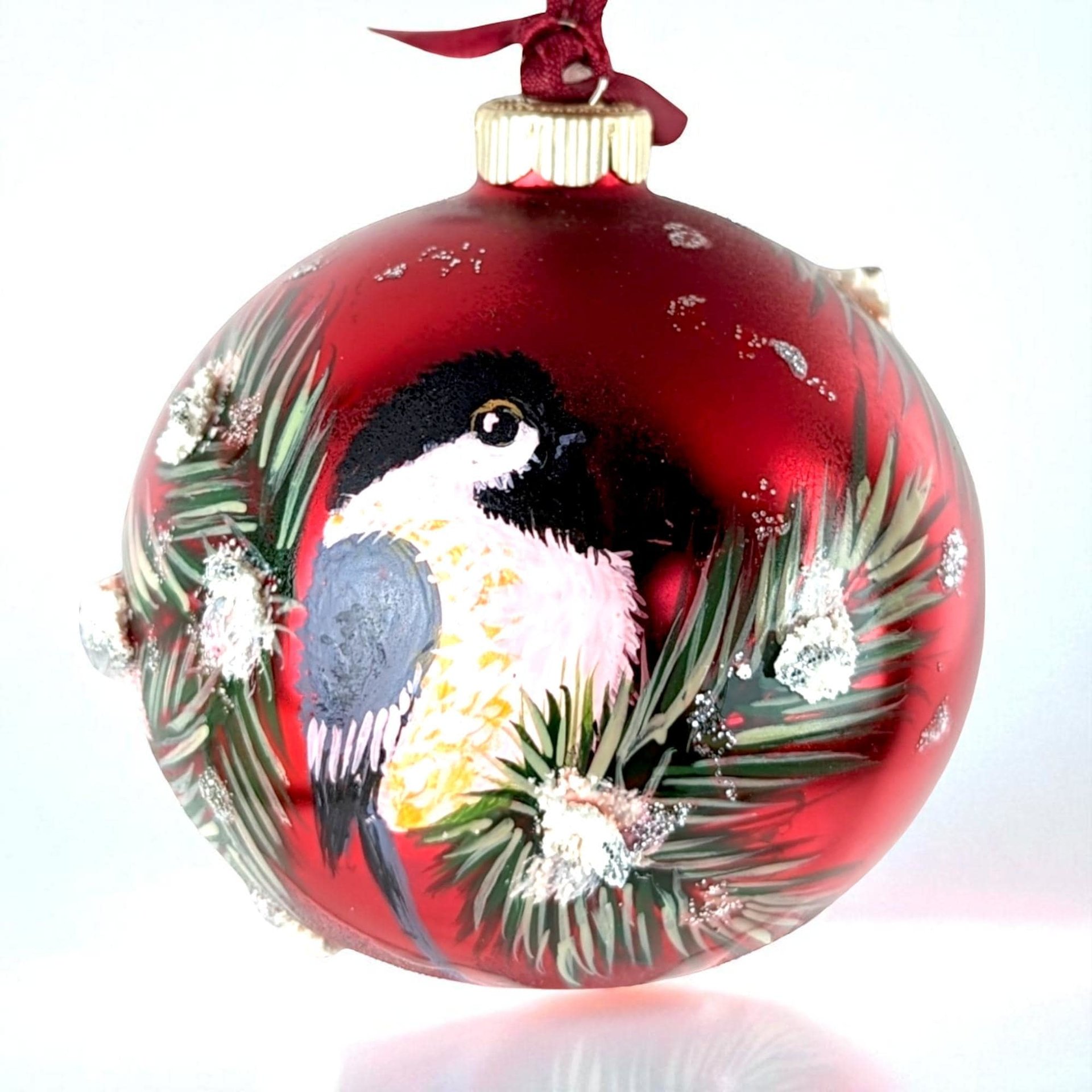 Vintage Hand Painted Chickadee Christmas Ornament, Red Glass Ornament, Winter Bird Ornament, Nature Lover Gift, Holiday Decor