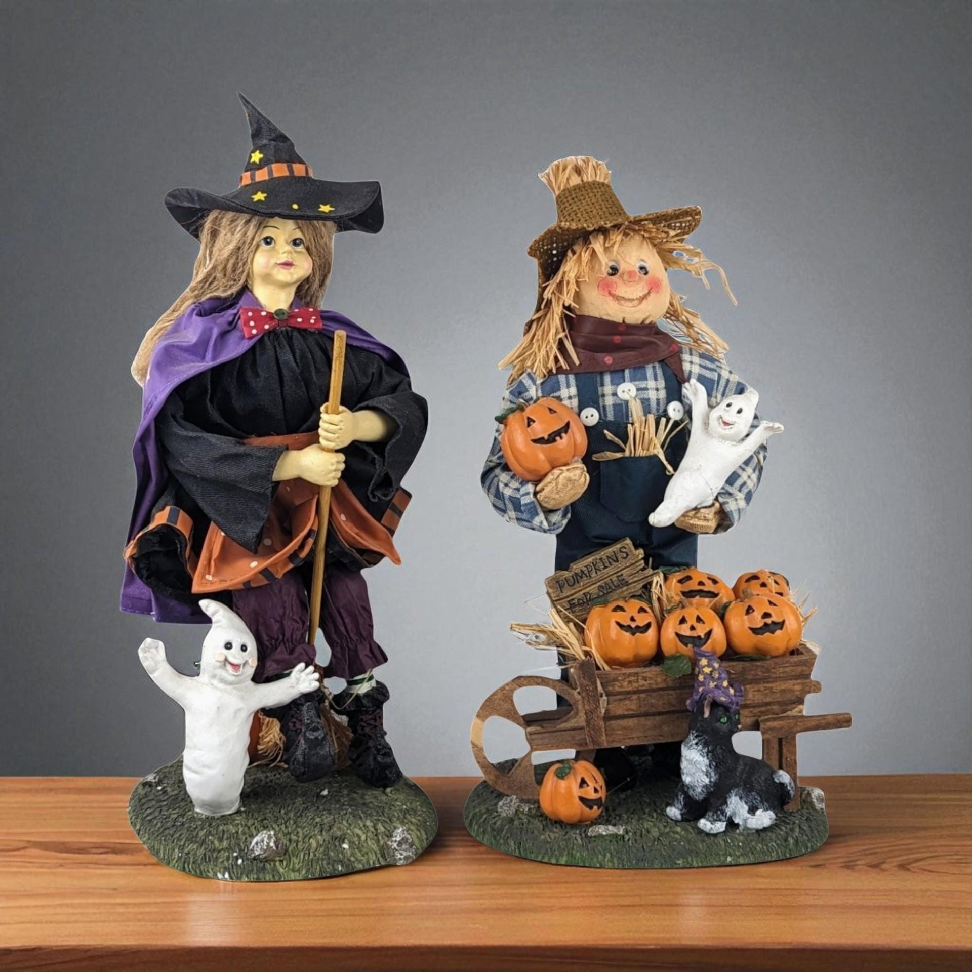 Vintage 13" Fabric Mache Scarecrow and Witch Figurines | Halloween Decor | Fall Decor | Collectible Figurines