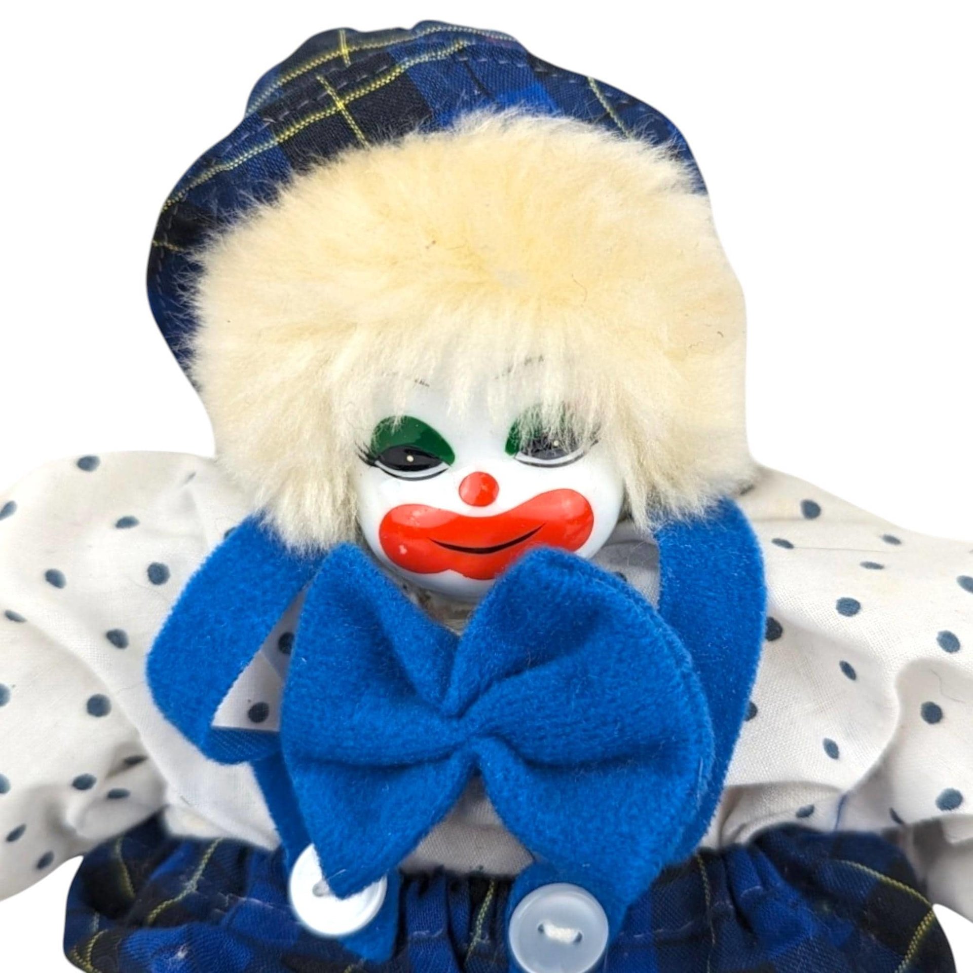 Vintage Clown Doll with Plaid and Polka Dots | Collectible Clown Doll | Whimsical Doll | Toy Collector | 8-inch Doll