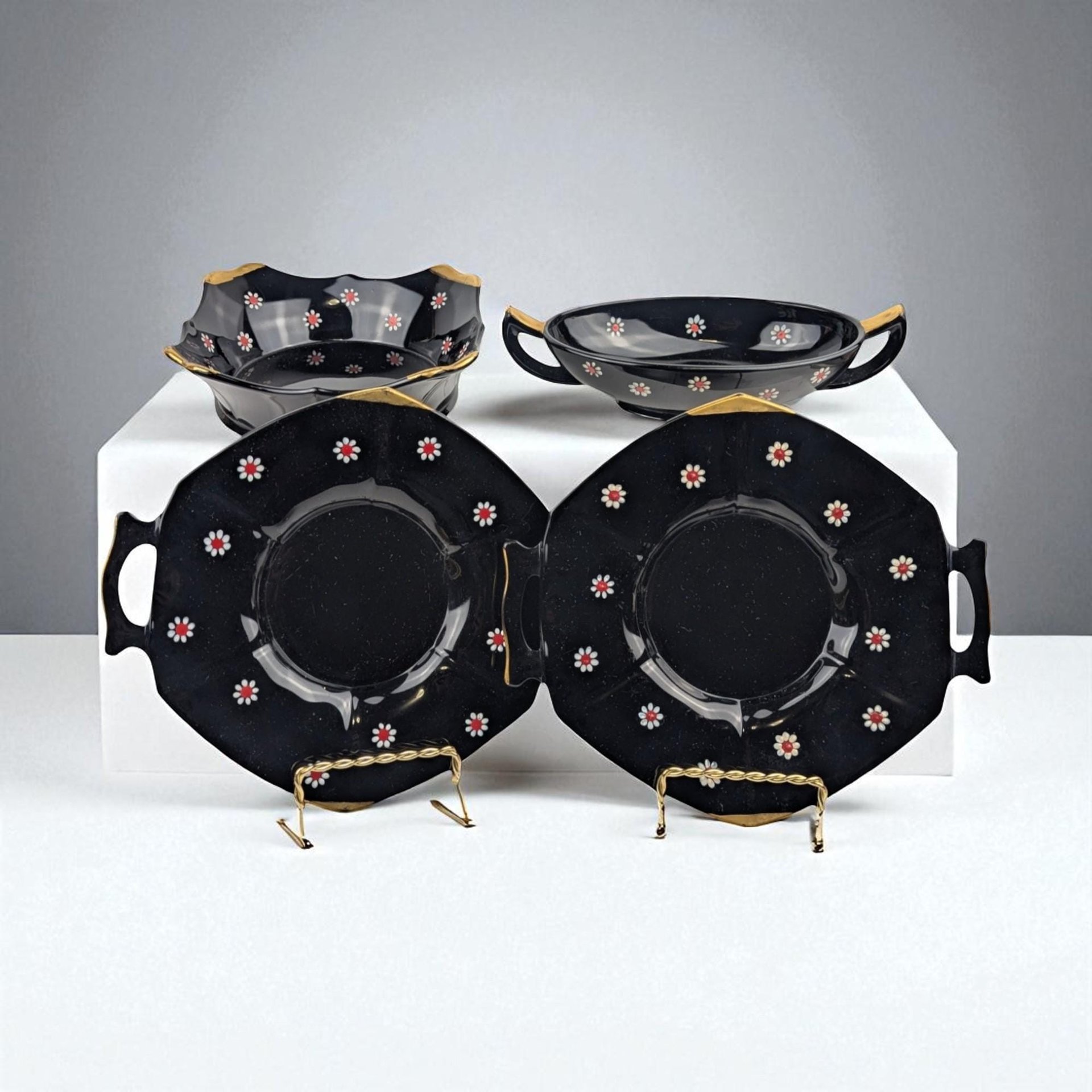 Vintage Imperial Glass Black and Gold Bowl Set with Daisy Design, Handled Bowls and Plates, Elegant Tableware, Gift for Hostess, Collector