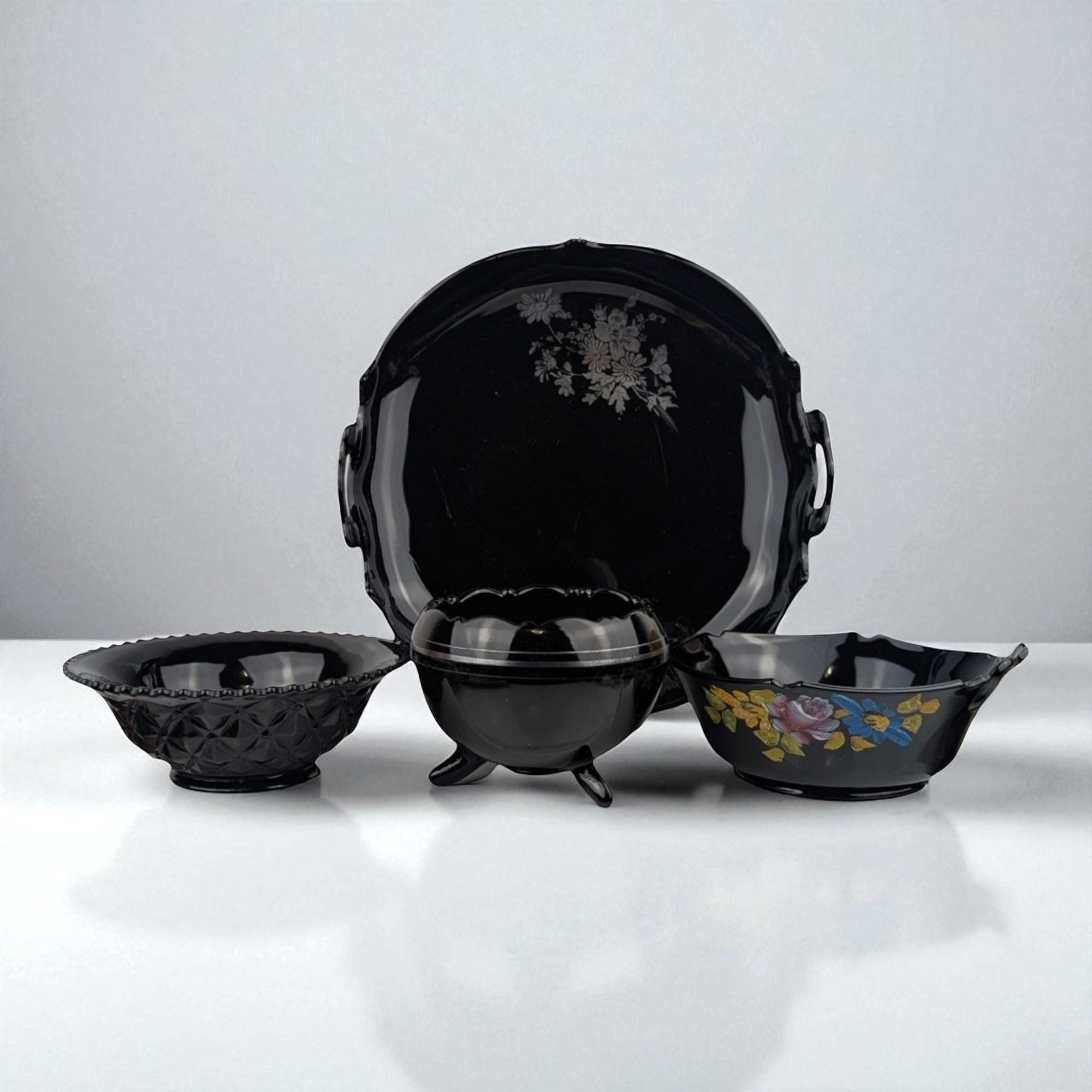 Vintage Black Glass Bowl Set, LE Smith Plate, Hand Painted Floral Bowl, Footed Bowl, Diamond Block Bowl, Gift for Collector, Home Decor