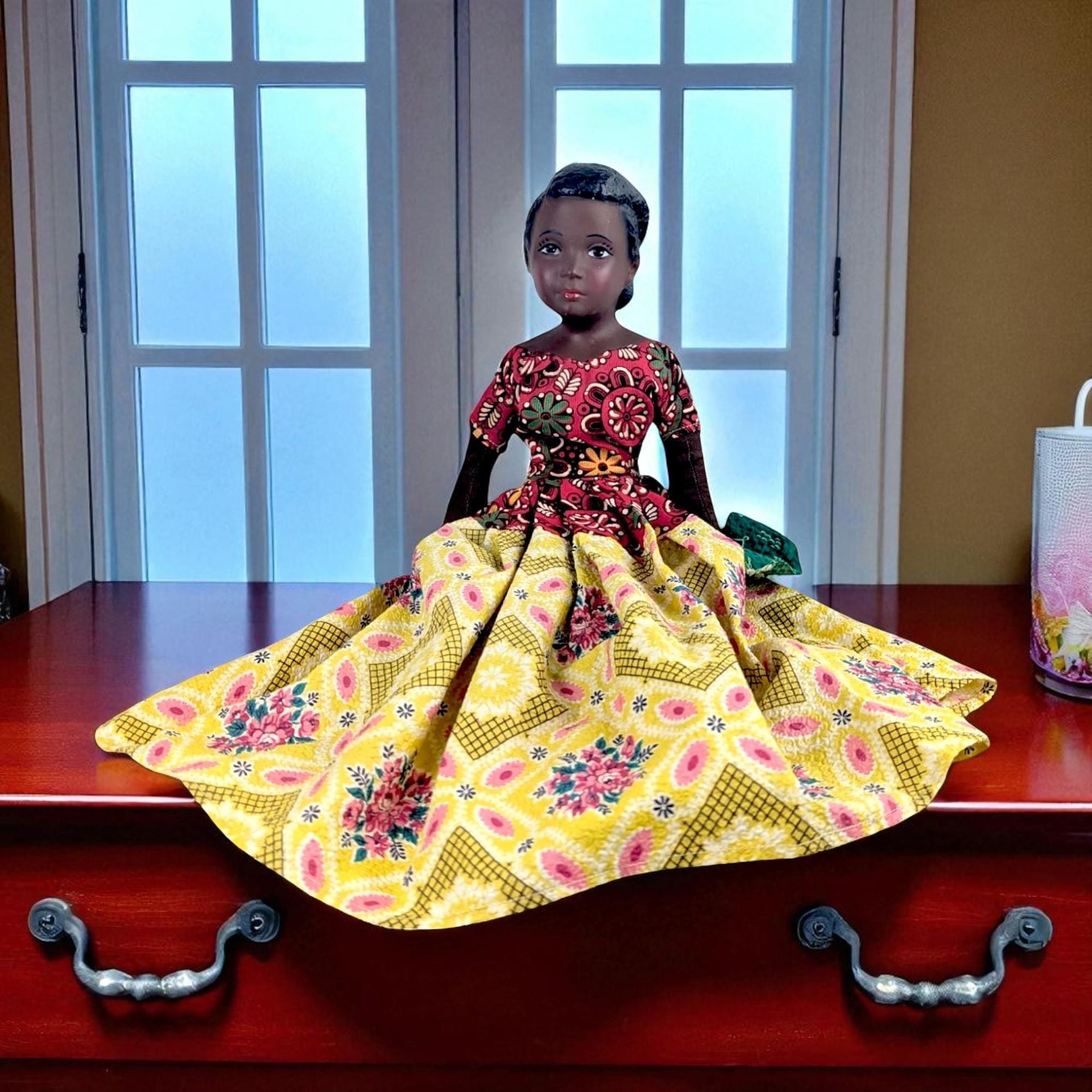 Vintage 14.5" Porcelain Island Doll with Fabric Dress, Hand-Sewn Details, Collectible Ethnic Doll, Gift for Doll Collectors, Display Decor