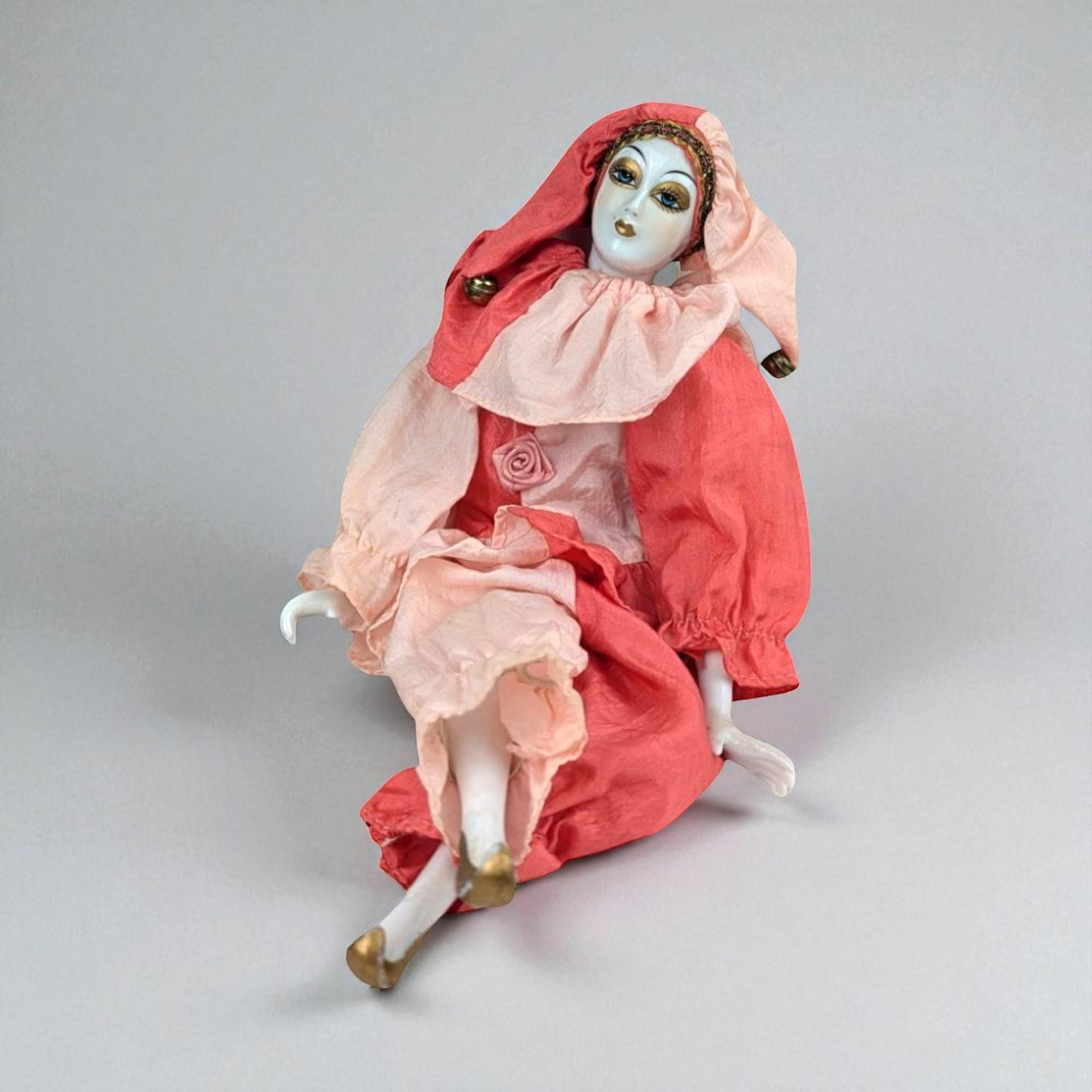 Vintage Posable Jester Doll, 13.5 Inch Porcelain Clown Figure, Display or Gift for Collector, Whimsical Home Decor