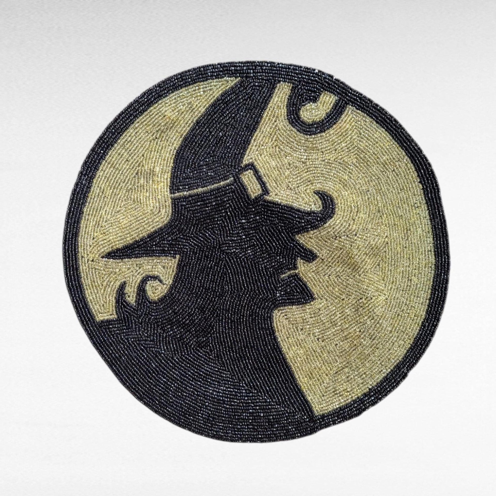 Vintage Beaded Witch Silhouette Placemat - Halloween Table Decor - Spooky Wall Hanging Centerpiece