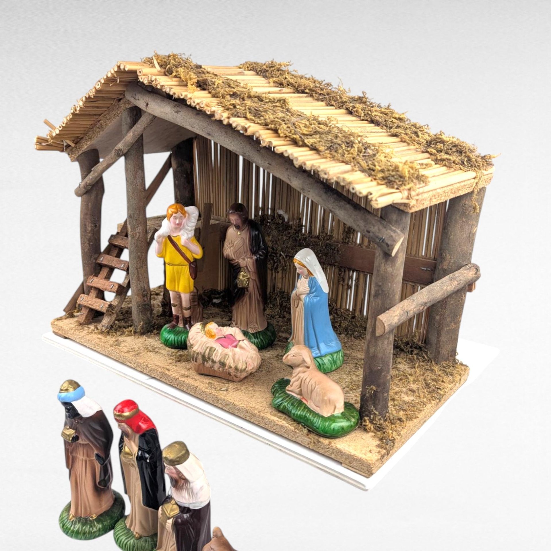 Vintage Sears Nativity Set, 11 Ceramic Figures and Wood Stable, Complete Christmas Manger Scene, Traditional Holiday Decor