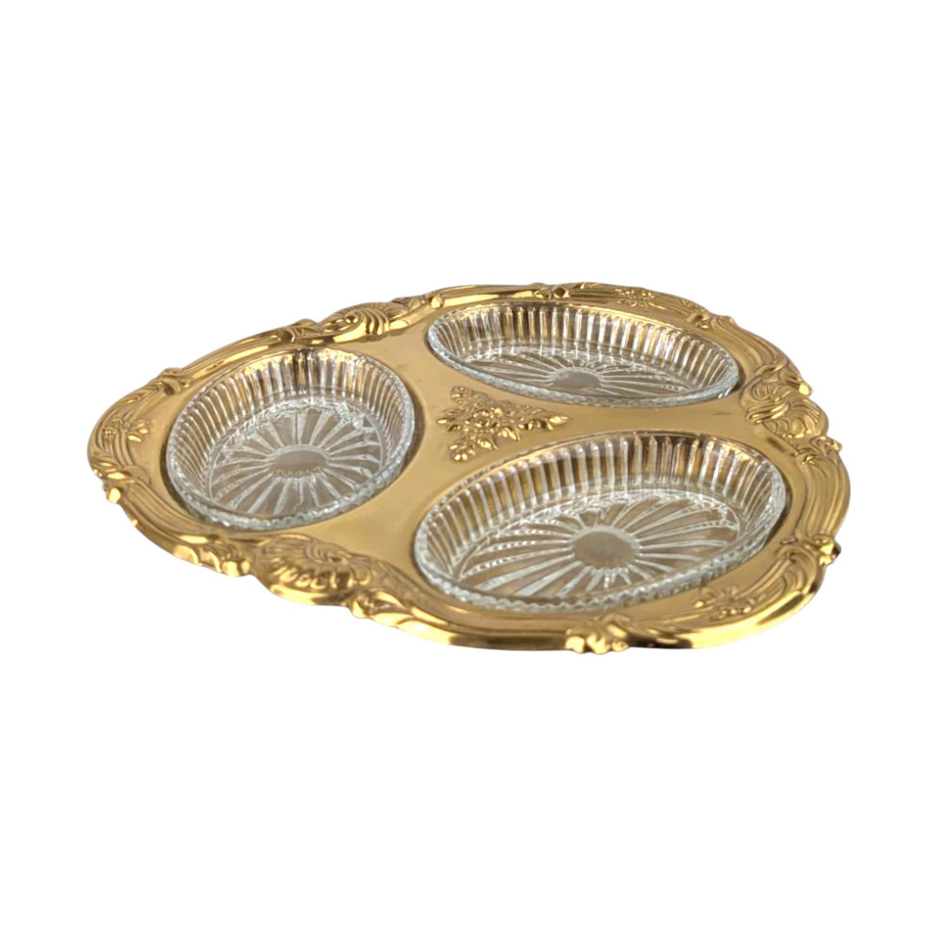 Vintage Copper Craft Serving Tray with Three Glass Dishes, Ornate Party Platter, Decorative Appetizer Server