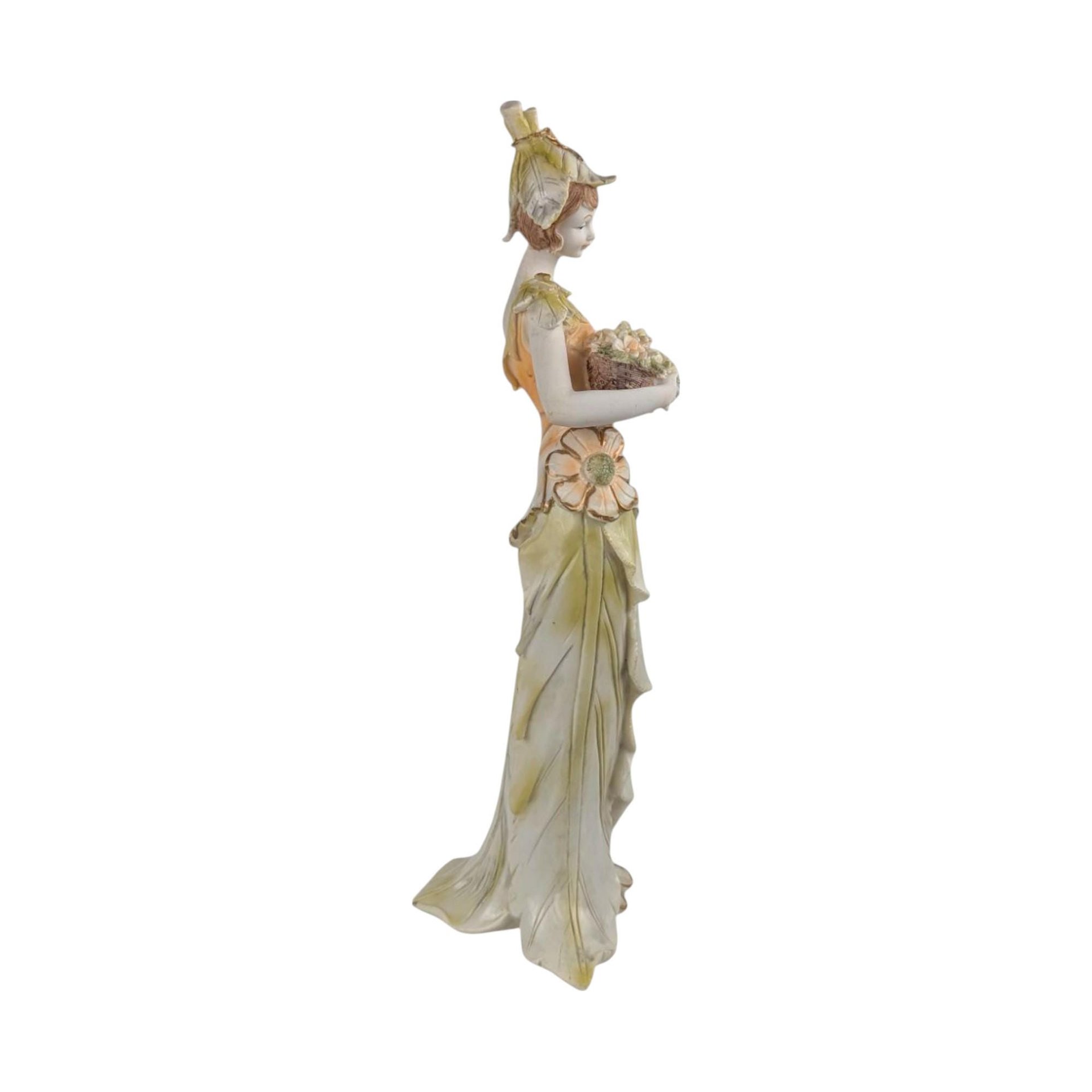 Vintage Resin Woman Figurine, Elegant Dresser Decor, Lady with Flowers, Art Deco Style, Decorative Sculpture