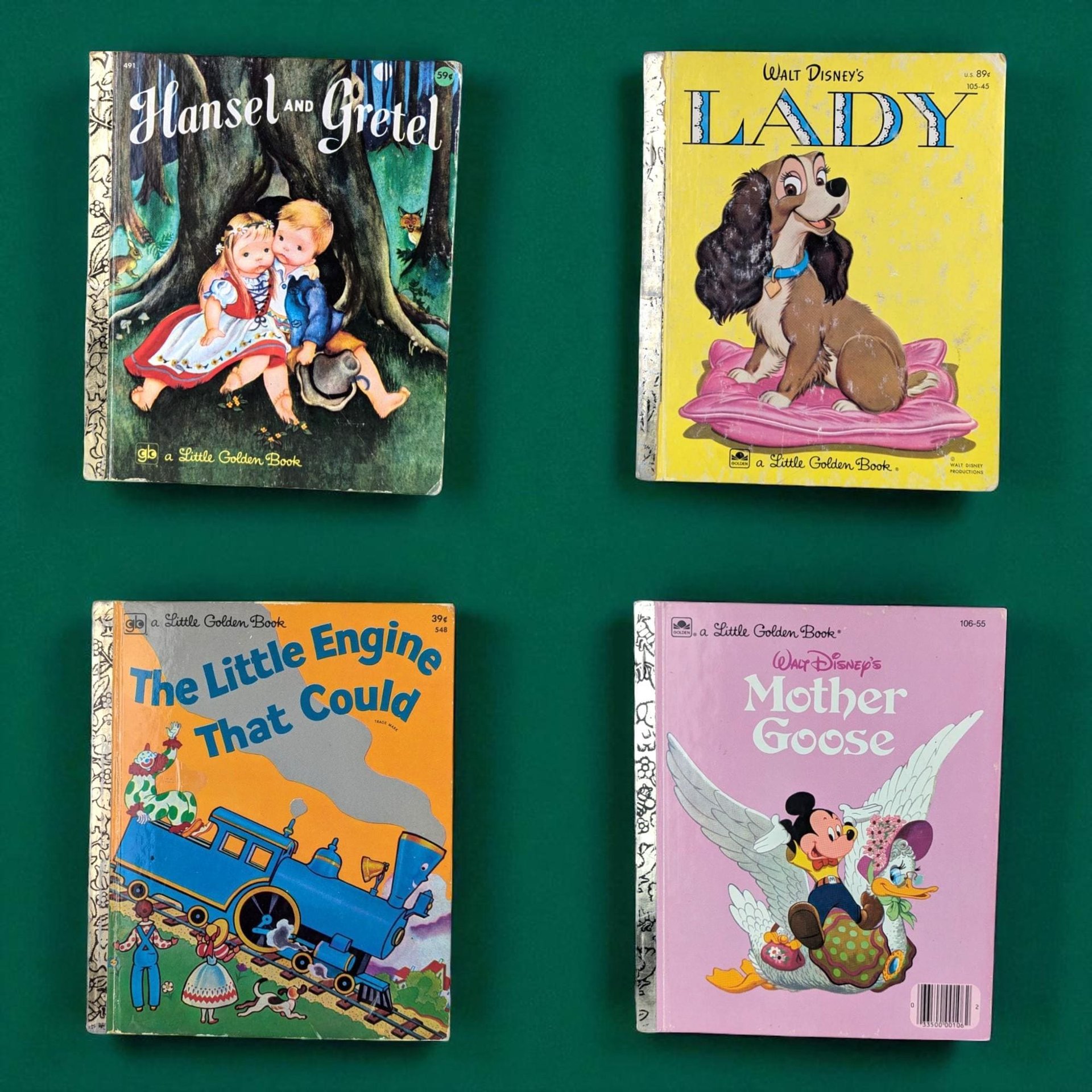 Set of 4 Vintage Little Golden Books, Disney Lady, Hansel & Gretel, Mother Goose, The Little Engine That Could, Children's Story Collection