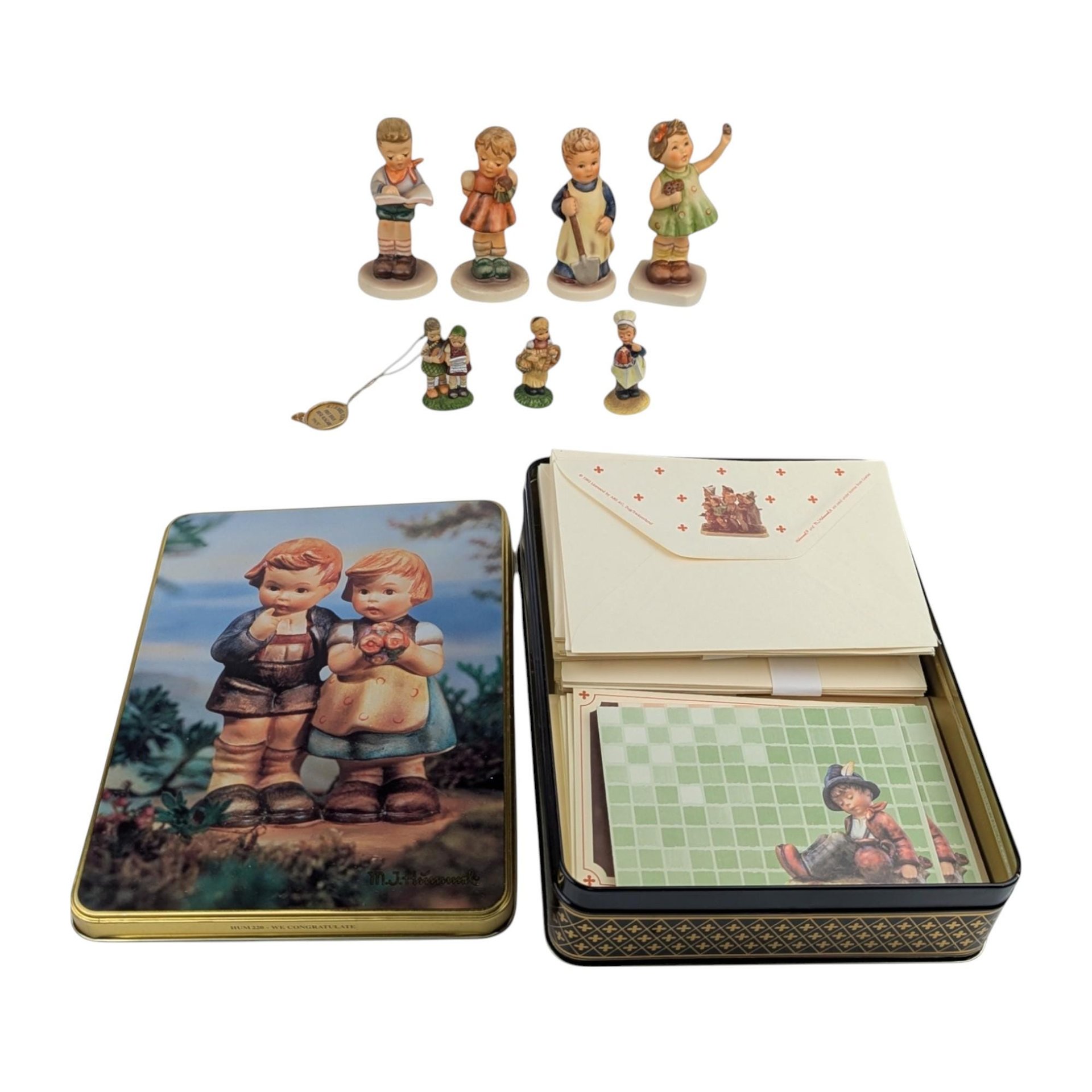 Vintage Hummel Figurine Set, 8 Piece Collection, Miniatures, "We Congratulate" Tin, Gift for Collector, Hummel Lovers