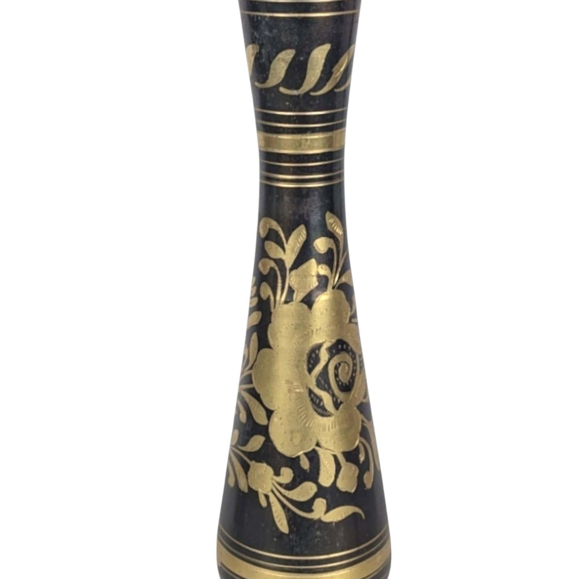 Vintage Brass Vases from India, Black and Gold, Floral Etched, 11 3/4" Tall, Pair, Home Decor, Boho Chic