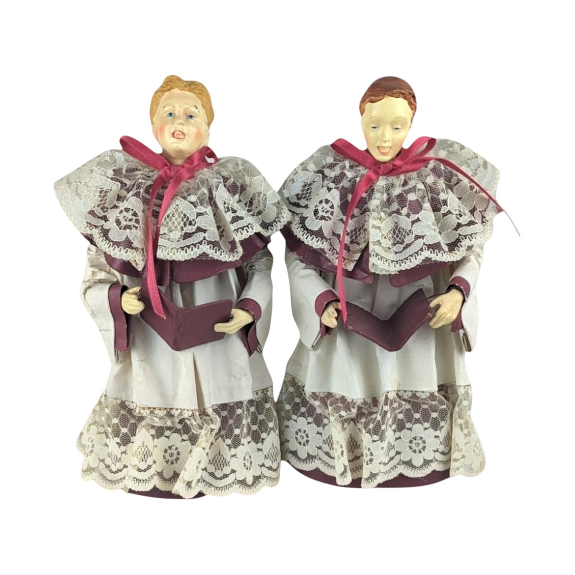 Vintage Caroler Figure Pair, Christmas Choir Singers, Holiday Decor, Small Tree Toppers, 10 inches Tall, Retro Christmas Decorations