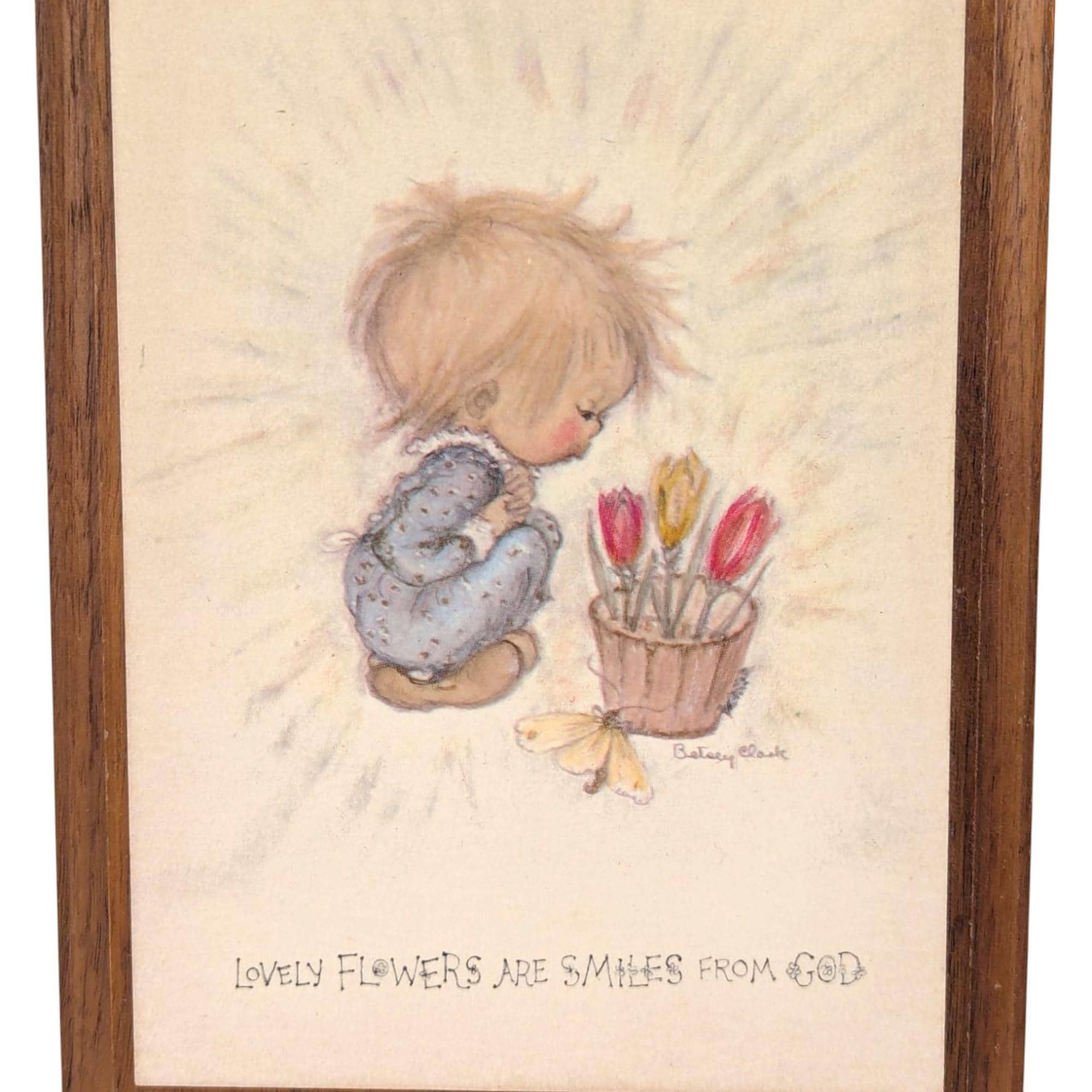 1971 Betsey Clark "Blessings" & "Flowers" Wooden Plaques, Vintage Children's Art, Inspirational Wall Decor, Gift Set