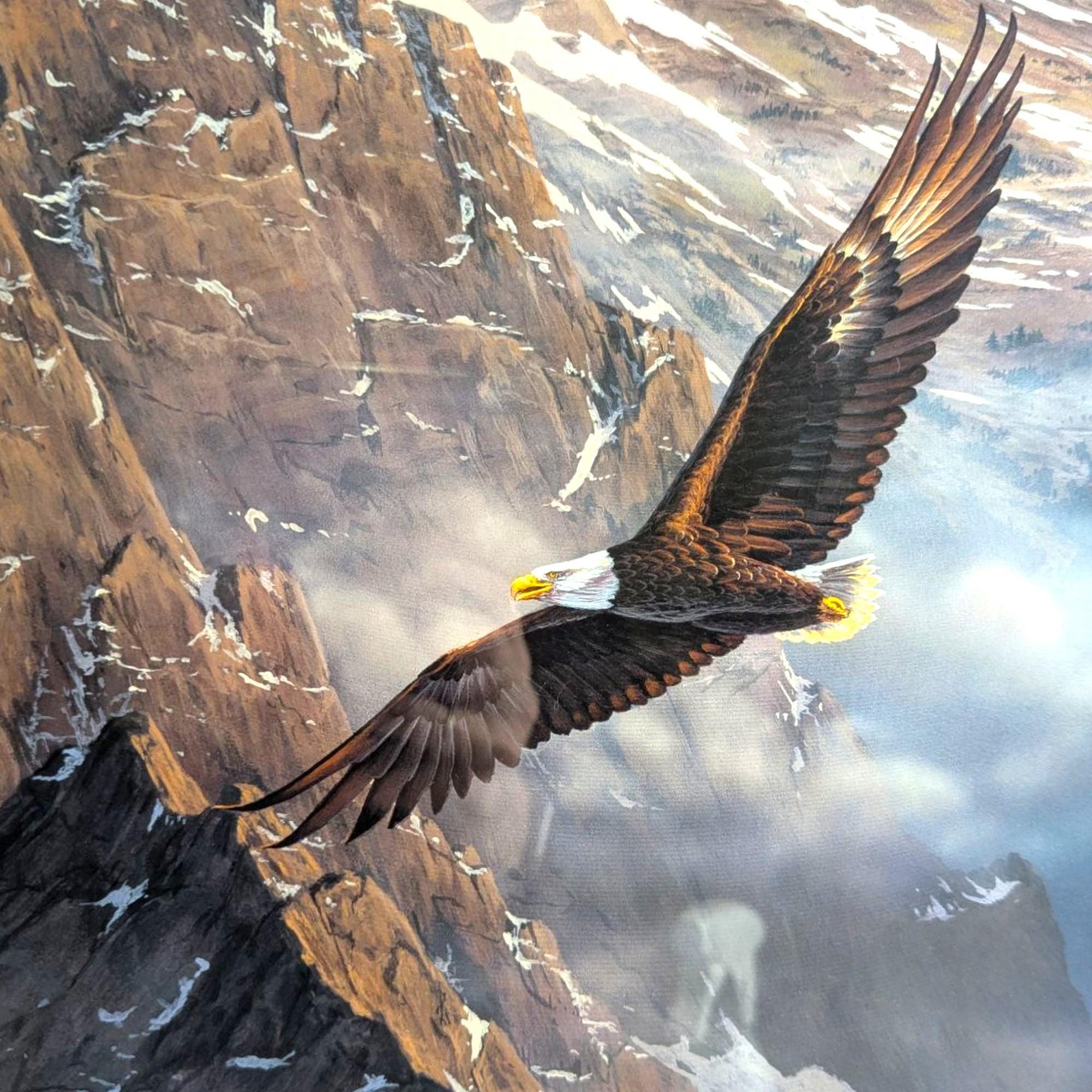 Vintage Framed "On Freedom's Wing" Kelley Print, Eagles & Mountain Landscape, Signed Art, Large Wall Decor