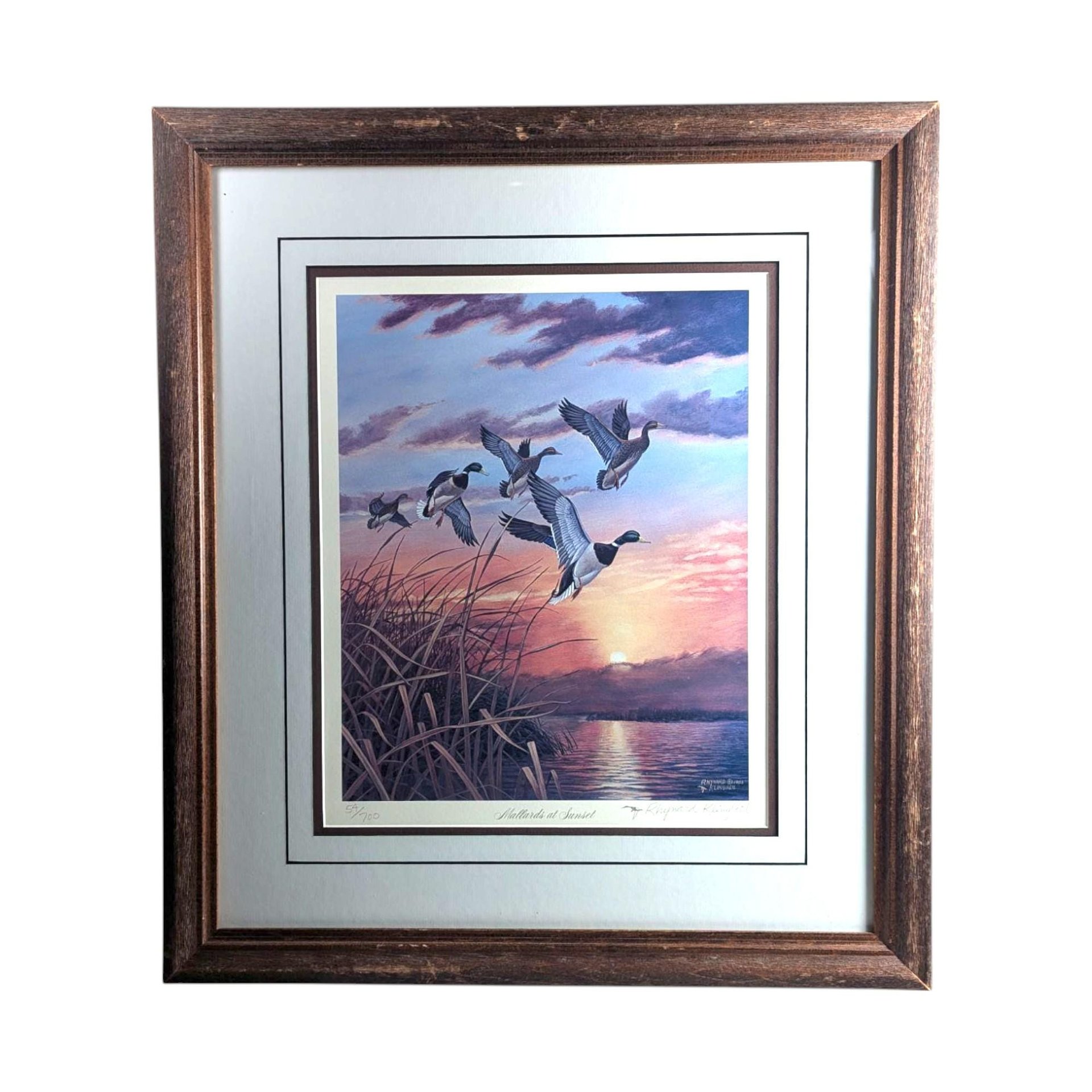 Vintage "Mallards at Sunset" Signed & Numbered Print by Rhynard Klingbeil, Framed Wildlife Art, Duck Decor, Nature Gift