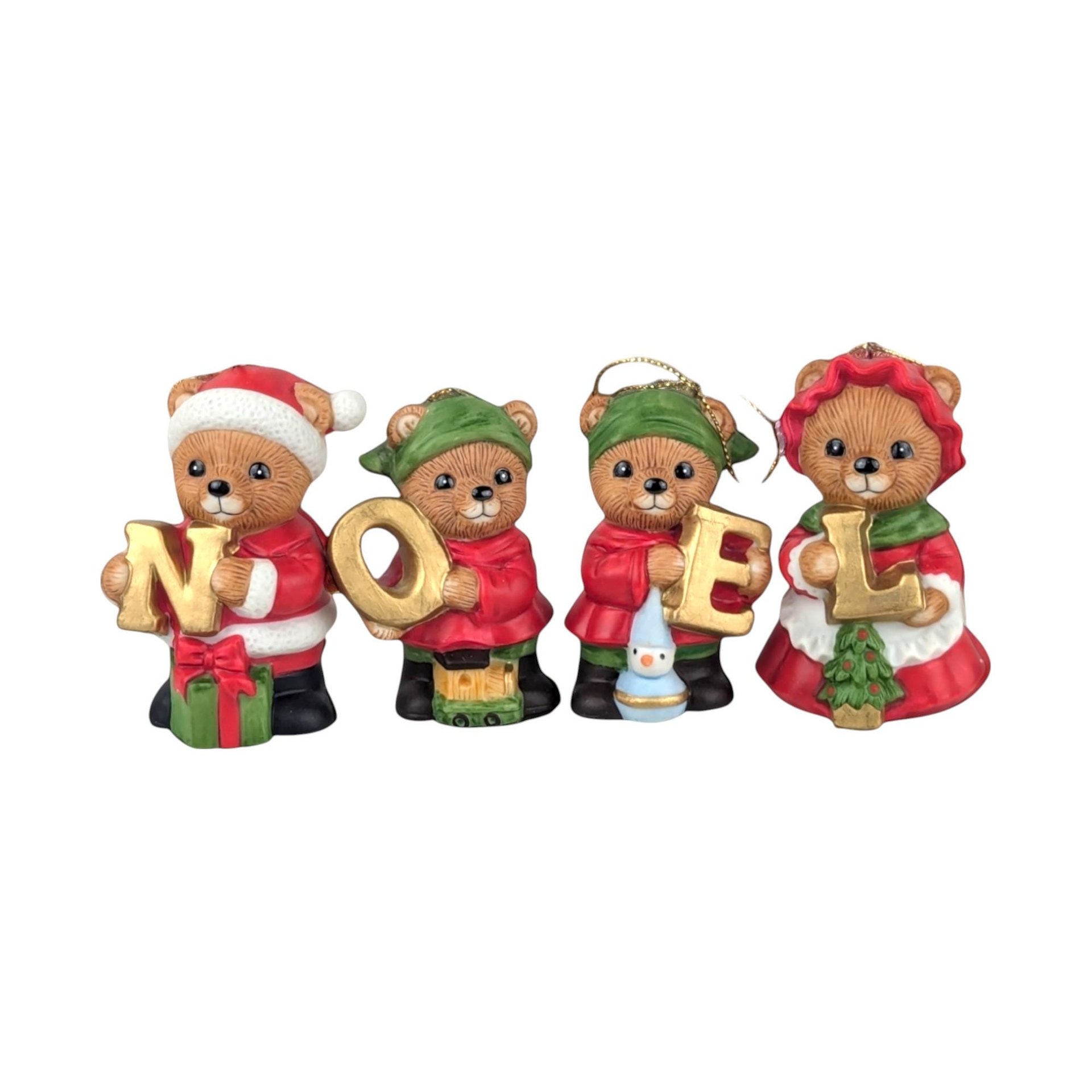 Vintage Homco Ceramic Noel Bears 5720, Christmas Bear Ornaments, Set of 4, Holiday Decorations, Collectible Figurines