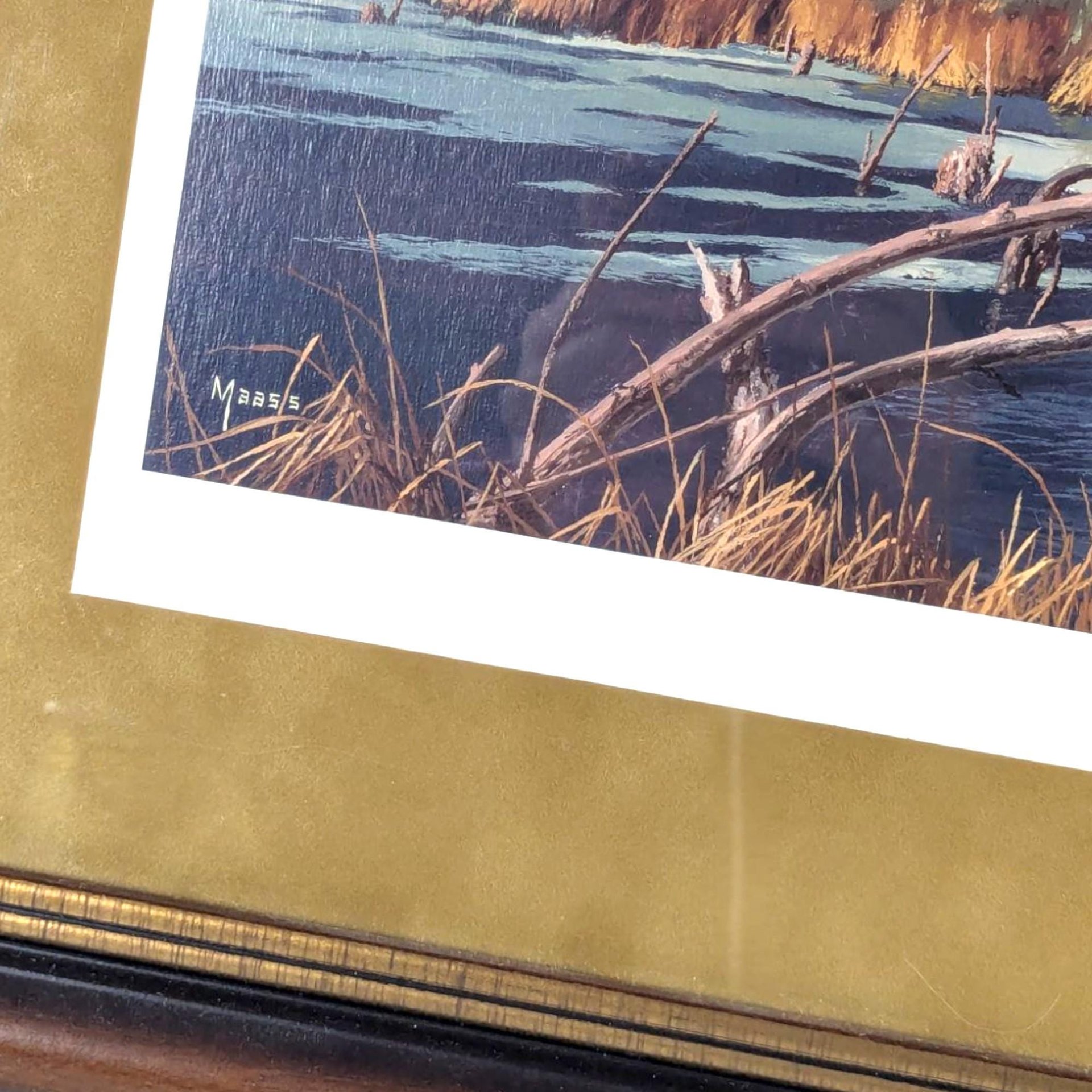 David A. Maass "Autumn at Baker - Trumpeter Swans" Framed Print, Signed Wildlife Art, Vintage Bird Decor, Swan Landscape Painting