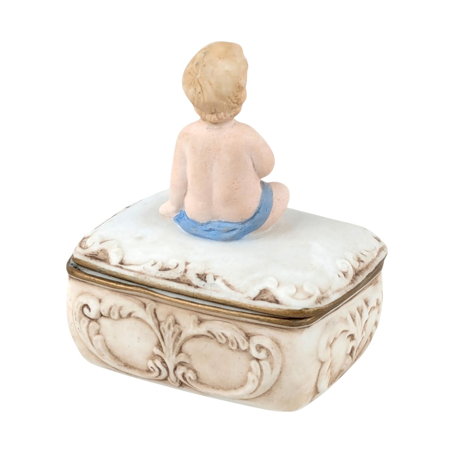 Vintage Bisque Porcelain Trinket Box: Baby with Blue Blanket