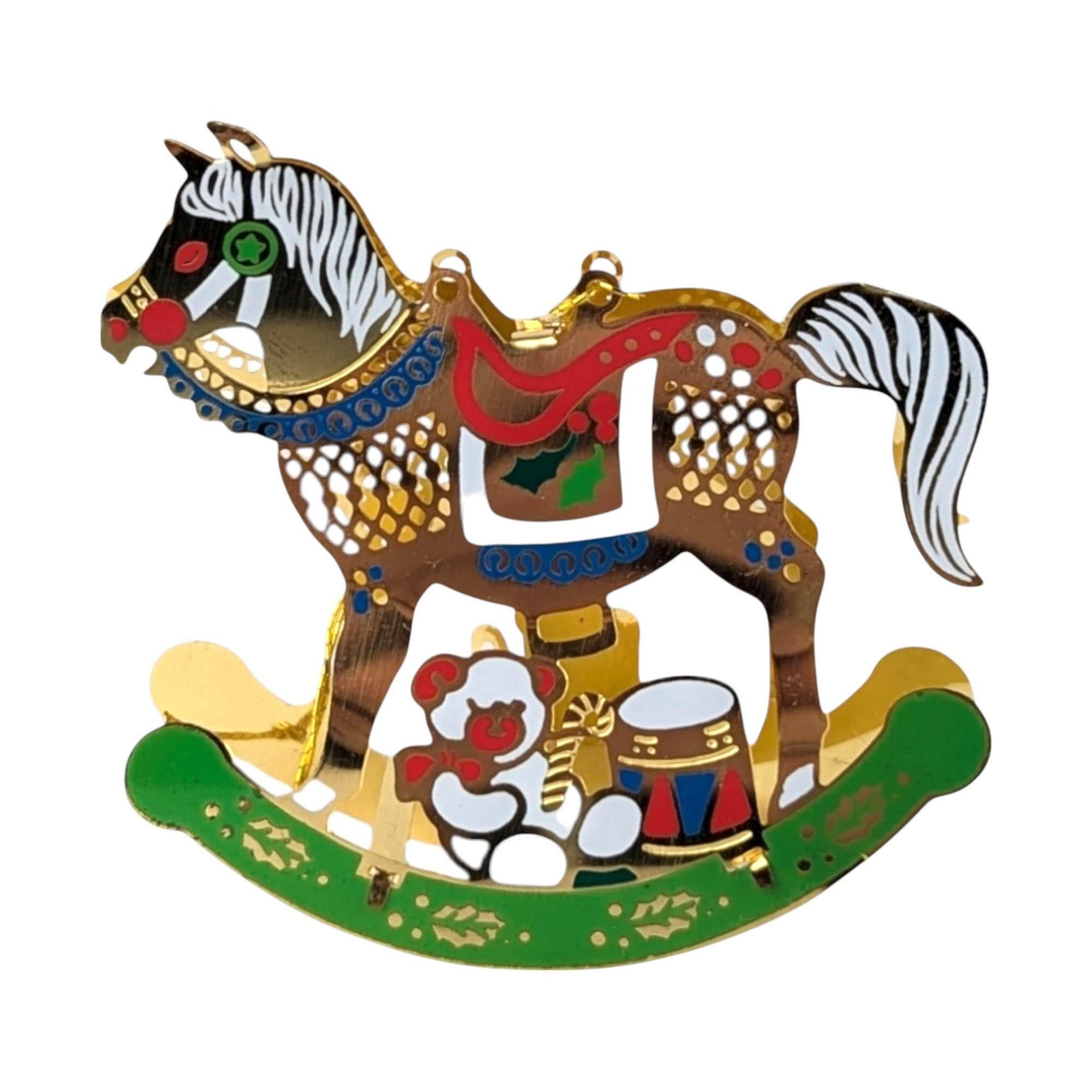 Vintage Brass Metal Rocking Horse and Carriage Ornament Set