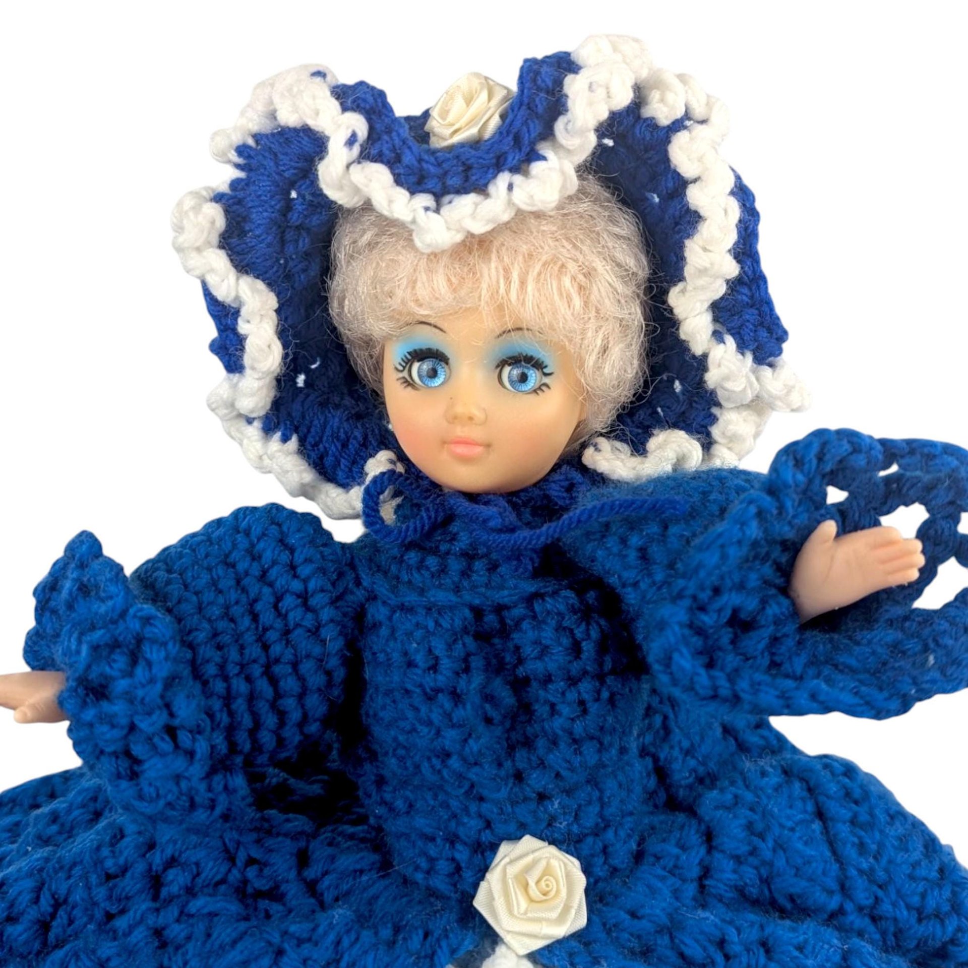 Vintage Crochet Lady Doll: Blue Dress & Bonnet, Folk Art Collectible