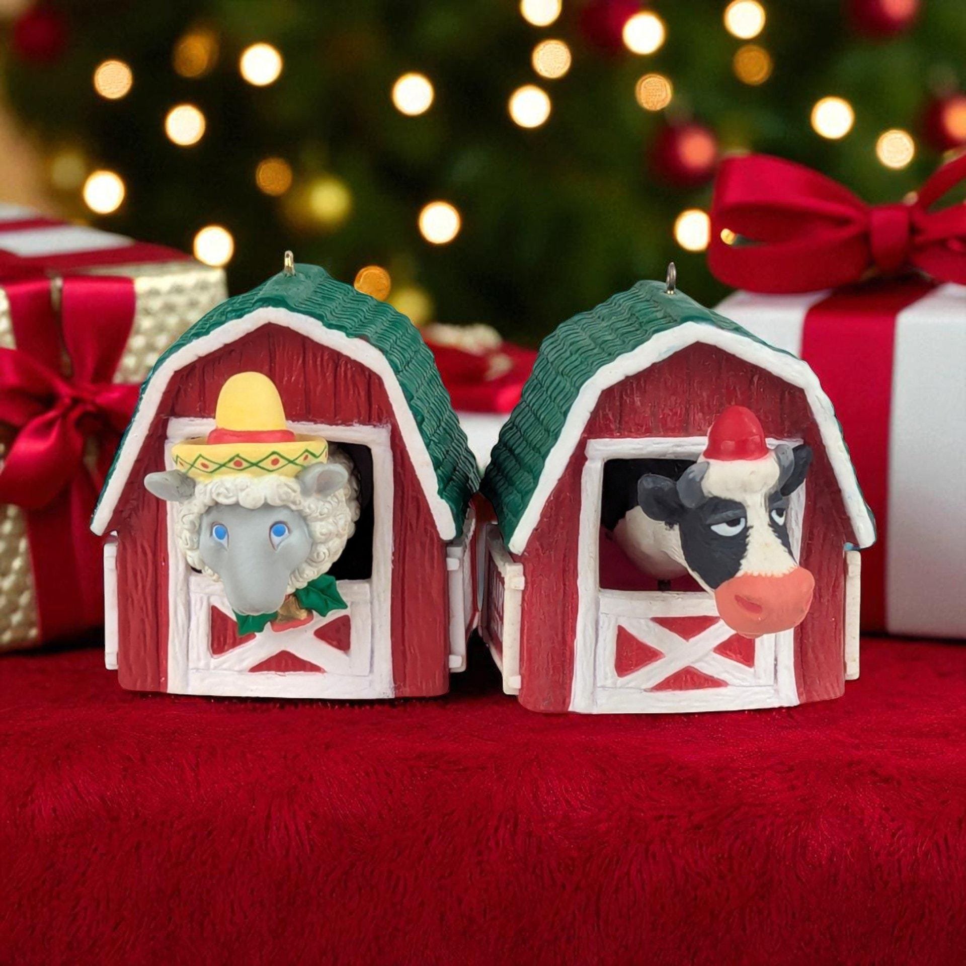 Vintage Enesco Bobblehead Ornaments: Cow & Sheep - Dairy Christmas