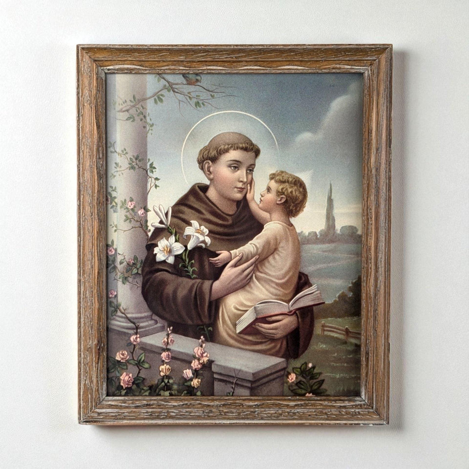 Vintage Framed Saint Anthony of Padua Print: Catholic Religious Art