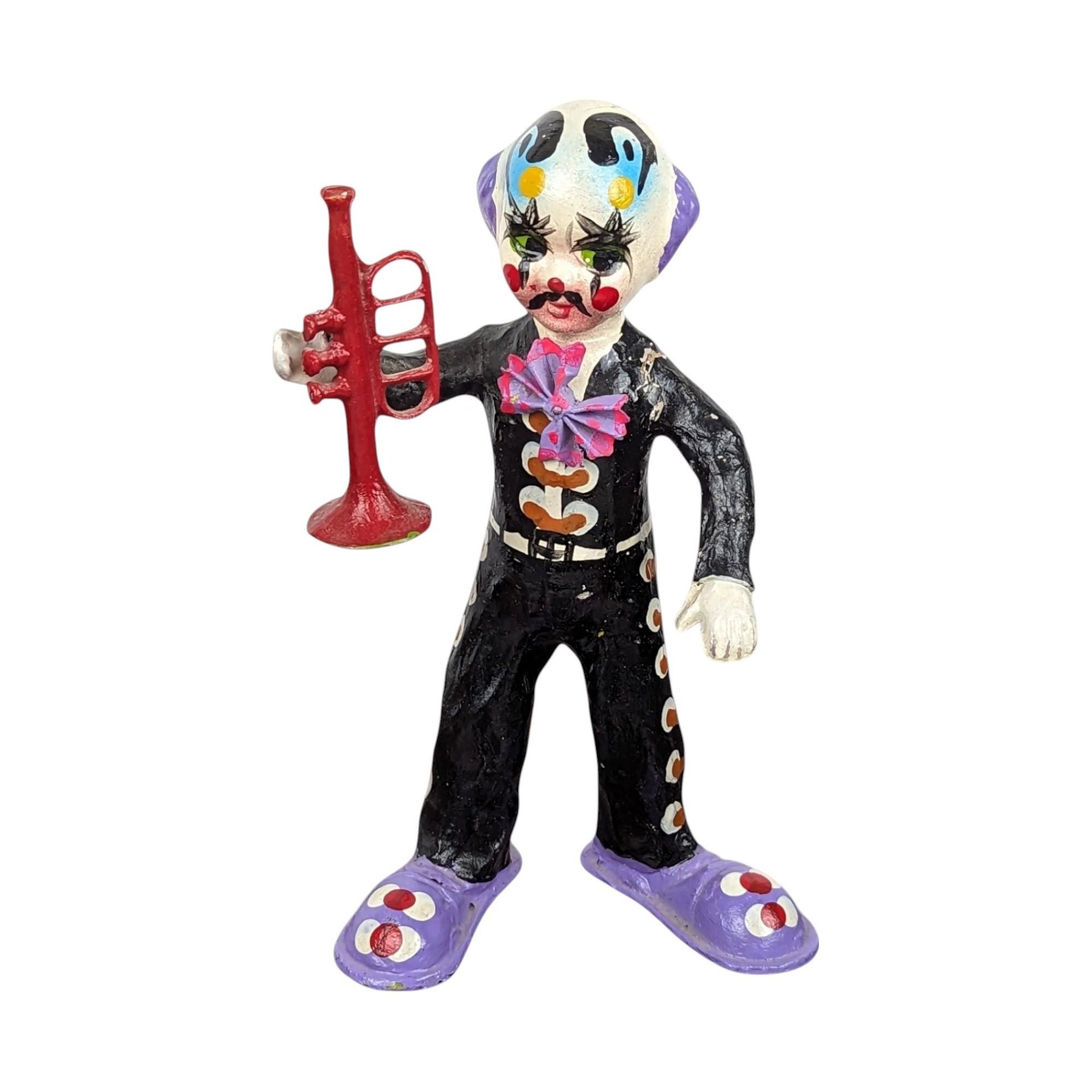 Vintage Mexican Paper Mache Clown Figurines, Musician Clowns, Folk Art, Day of the Dead Decor, Pair of Clowns
