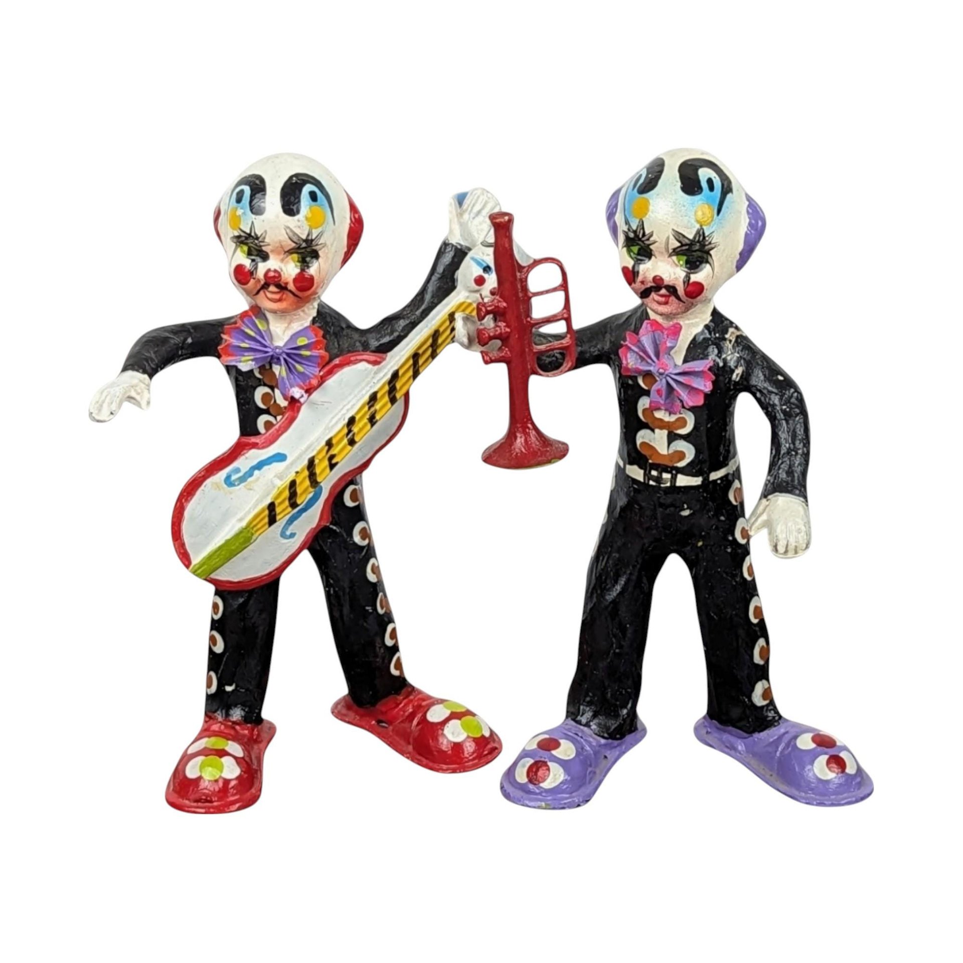 Vintage Mexican Paper Mache Clown Figurines, Musician Clowns, Folk Art, Day of the Dead Decor, Pair of Clowns