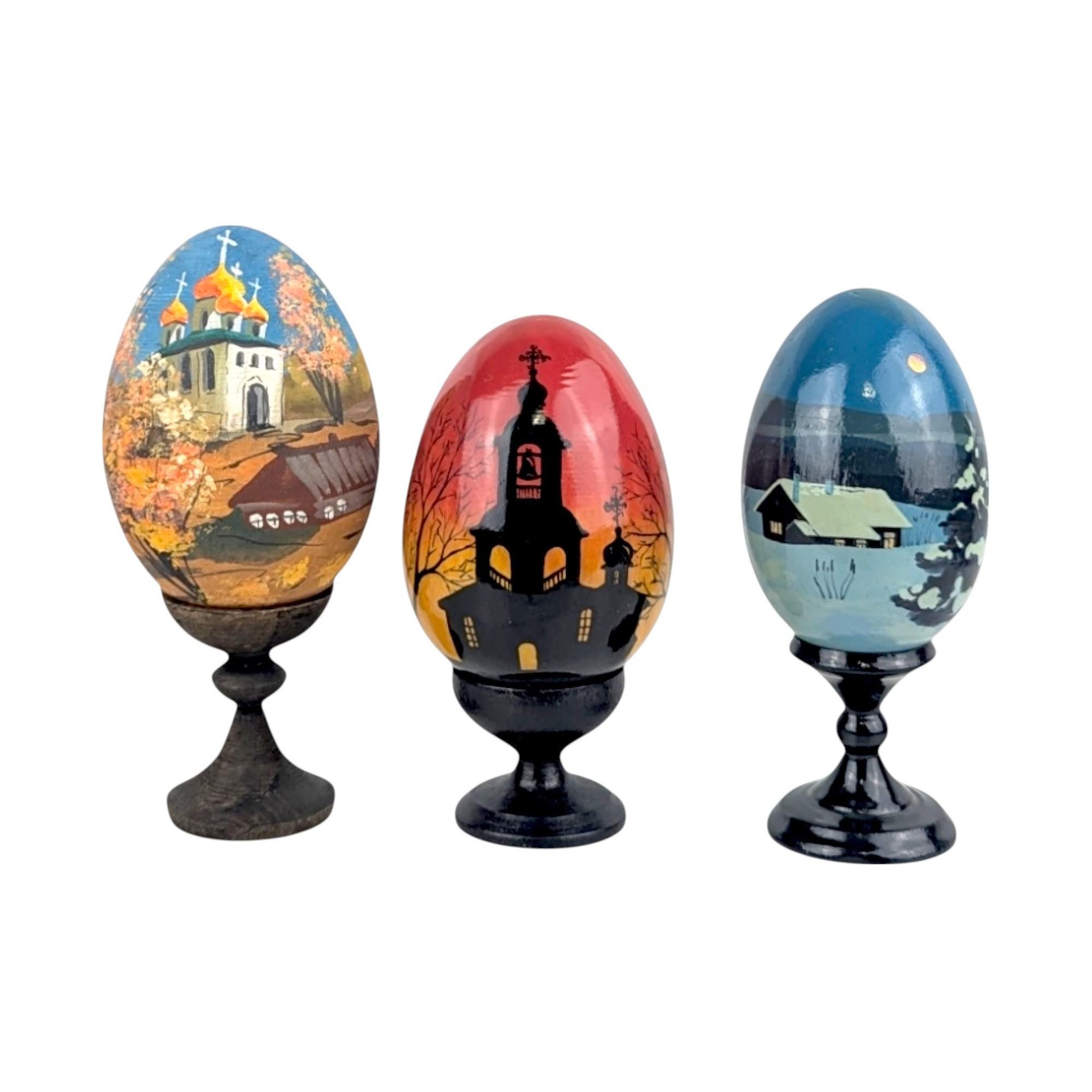 Vintage Hand-Painted Wooden Easter Eggs, Russian Folk Art Decor, Farmhouse, Church Scene, Gift for Collector