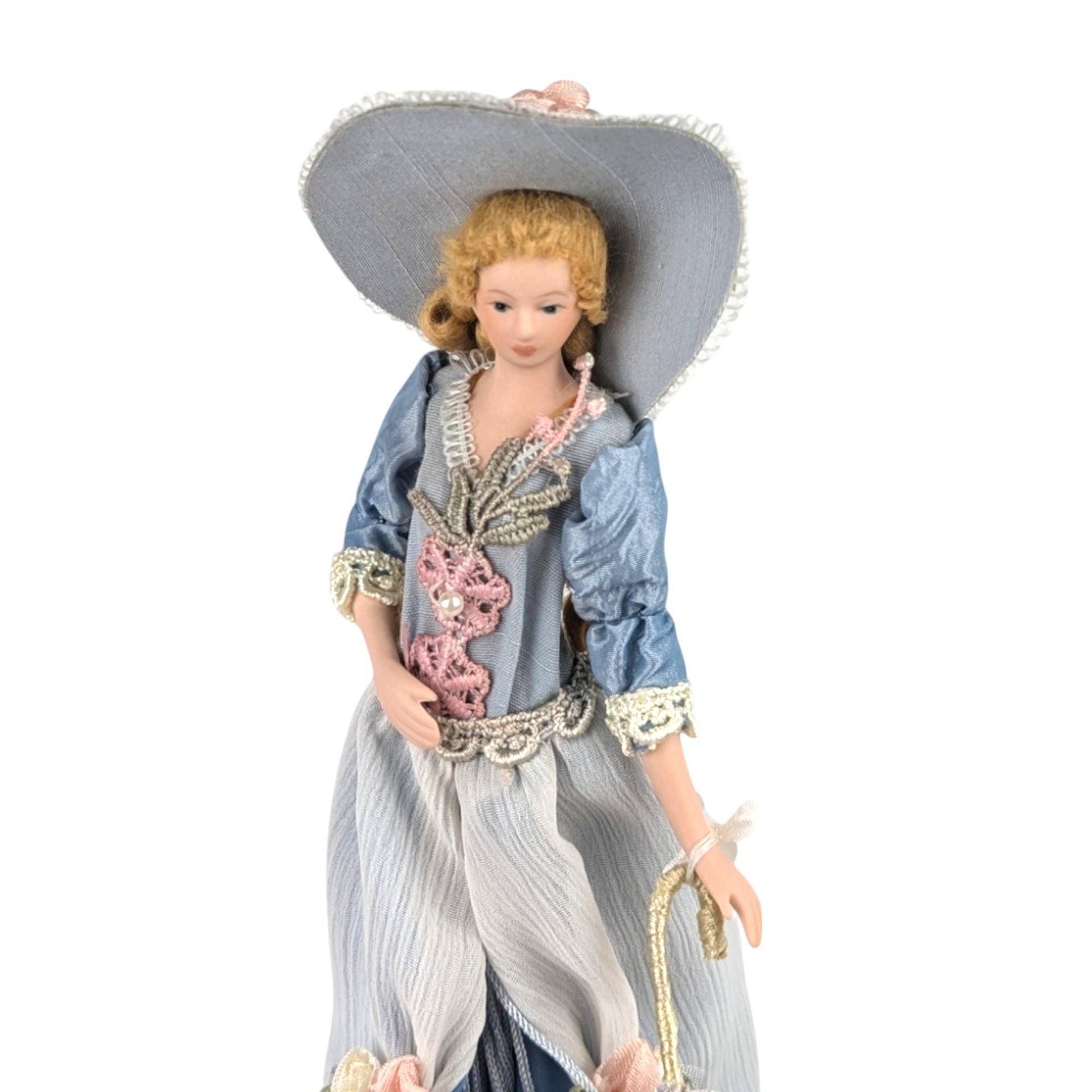Vintage Porcelain Victorian Tassel Doll, Blue Dress, Umbrella, Hat, Display Doll, Dresser Doll, Gift for Doll Collector