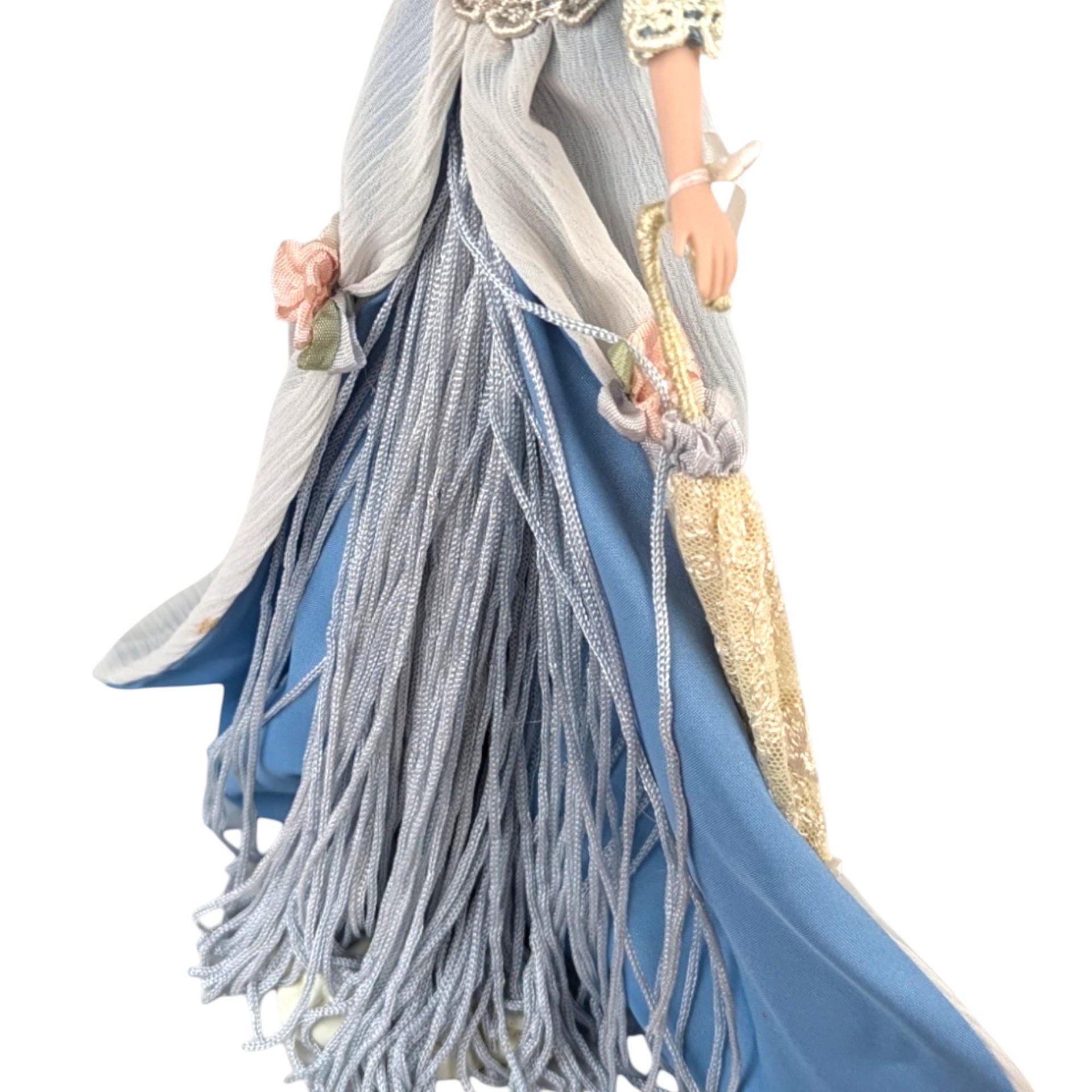 Vintage Porcelain Victorian Tassel Doll, Blue Dress, Umbrella, Hat, Display Doll, Dresser Doll, Gift for Doll Collector