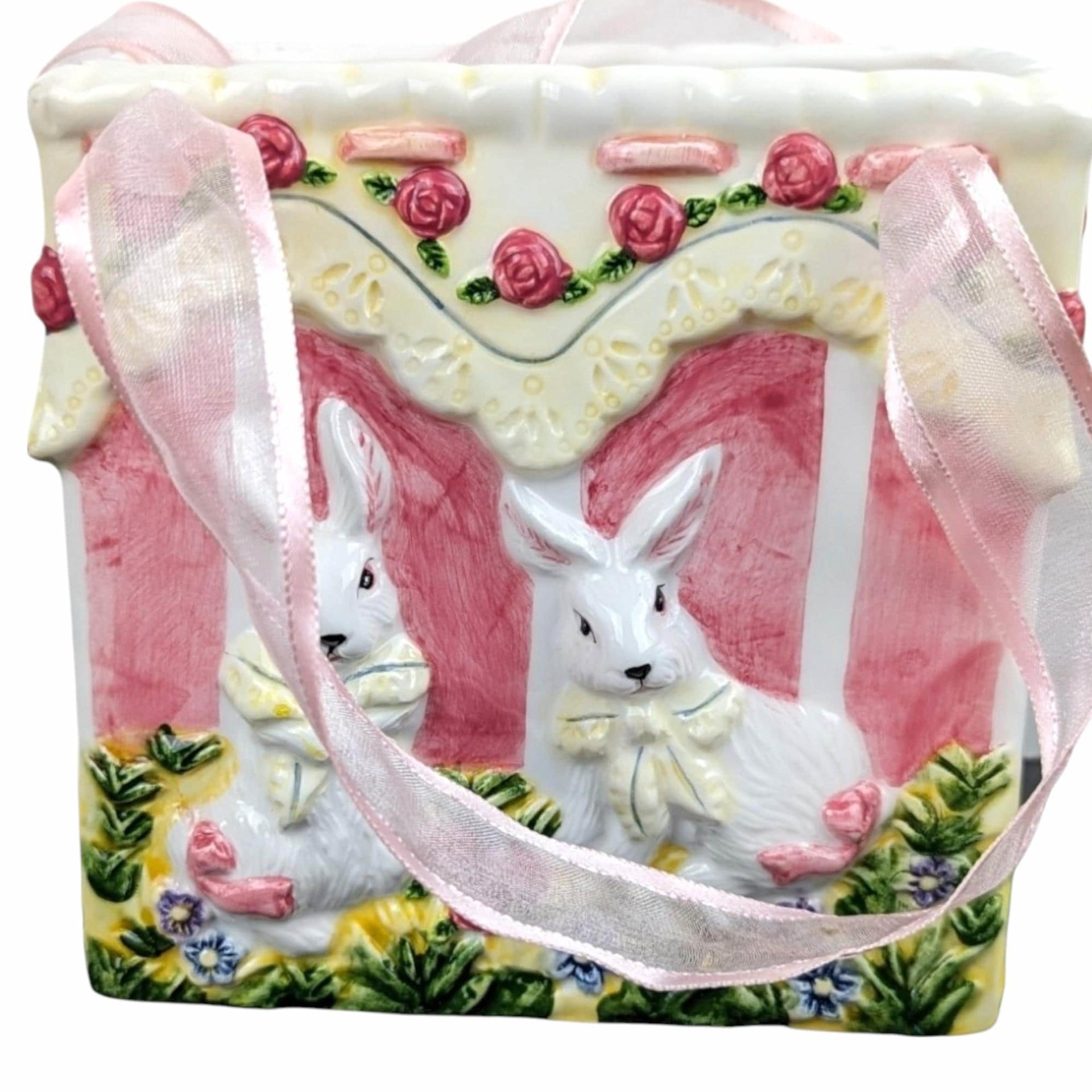 Vintage Ceramic Easter Bunny Bag: Pink Striped Basket Decor