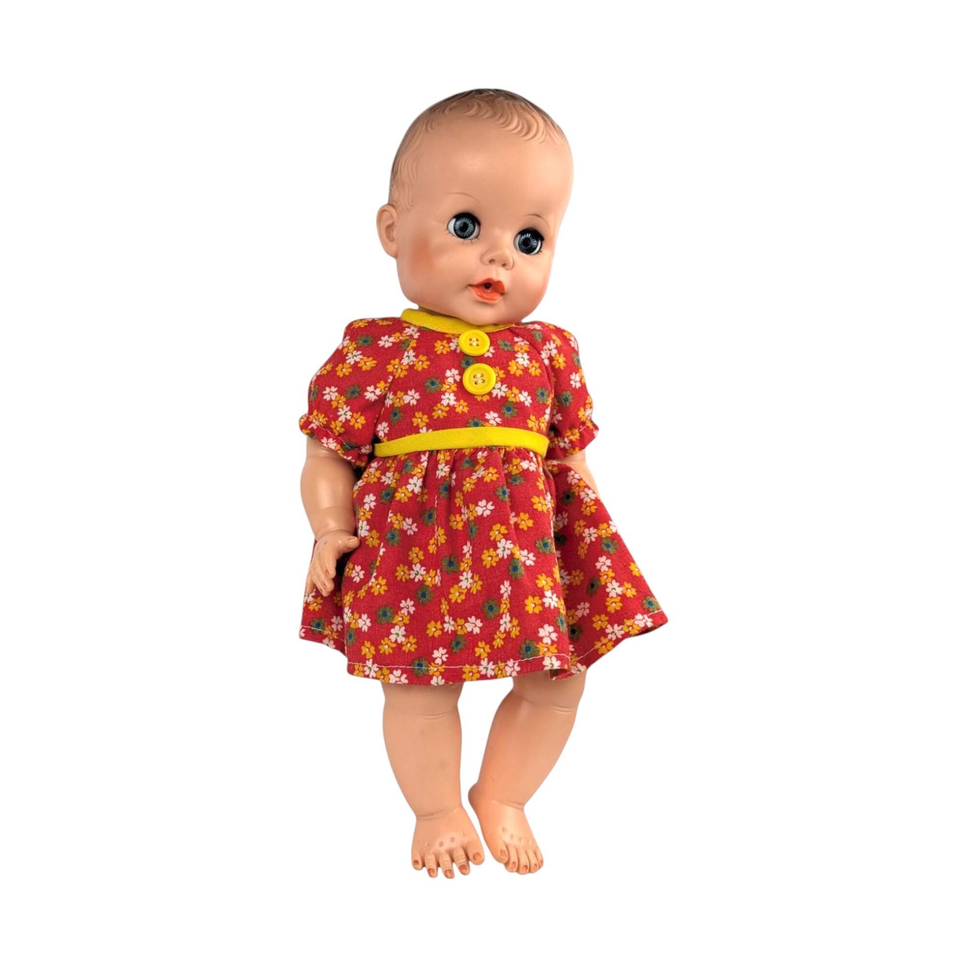 Vintage Eegee Baby Doll 14.5", Red Floral Dress, Moving Arms & Legs, Open and Close Eyes, Collectible Doll, Play Doll