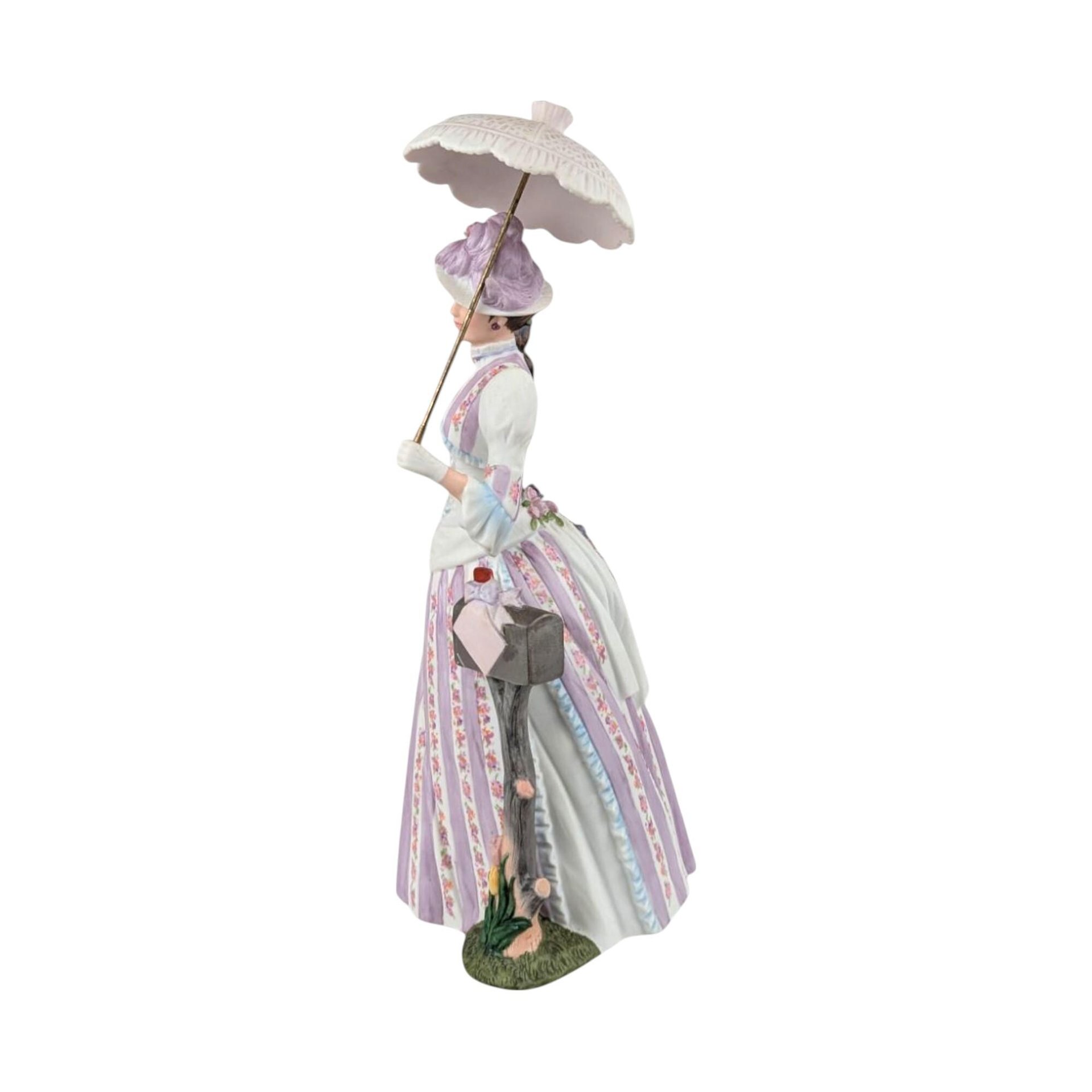 1988 Avon Mrs. Albee Award Figurine, Purple Dress, Parasol, Mailbox, Vintage Avon Collectible, Decorative Figurine, 11" Tall