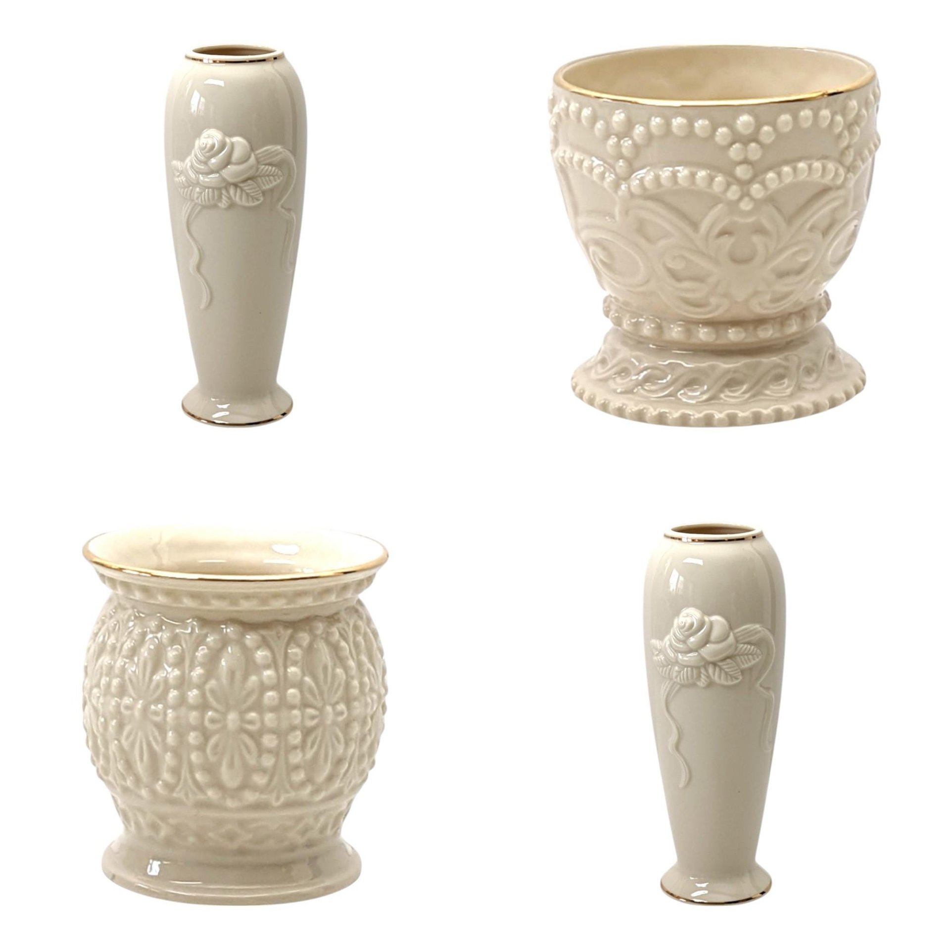 Vintage Lenox Vase Set | Rosebud Collection Cream Vases with Gold Trim | Mismatched Beaded Votive Candle Holders | 4 Piece Lot