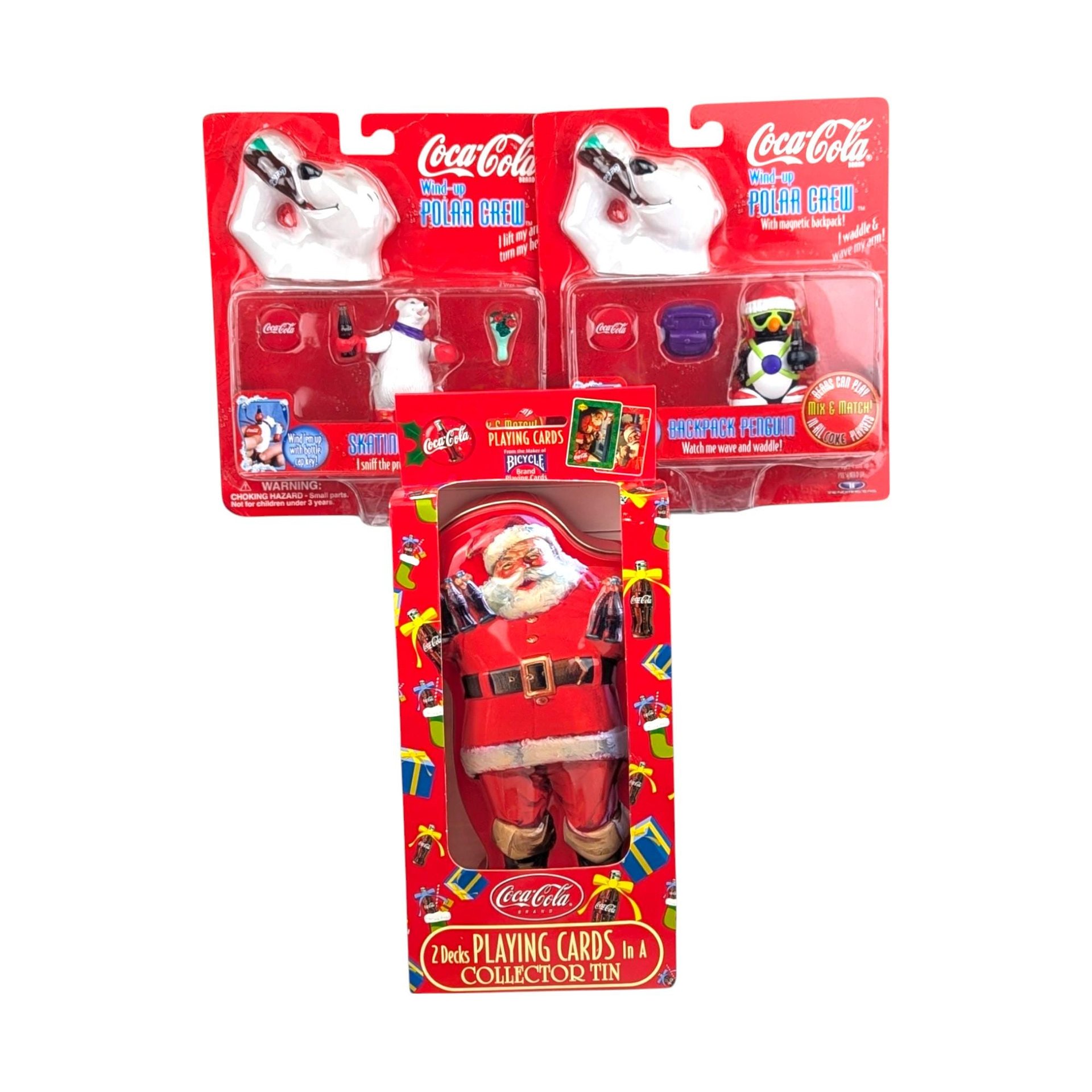 Vintage Coca Cola Lot, Wind-Up Polar Bears, Santa Tin Playing Cards, Collectible Coca Cola, New in Package