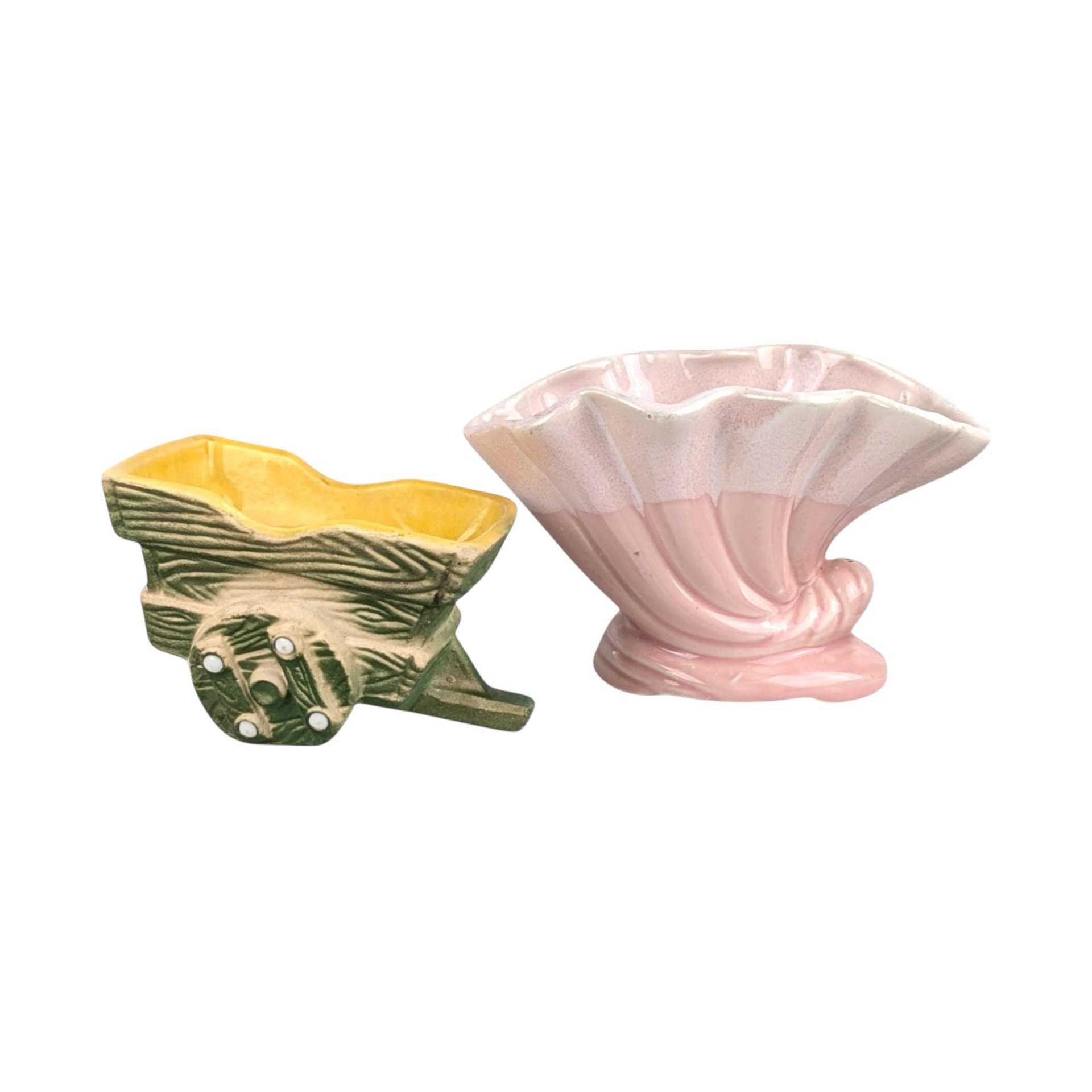 Vintage Ceramic Planters, Shawnee Wheelbarrow Planter, Pink Shell Planter, Mid Century Modern, Succulent Planters, Indoor Garden