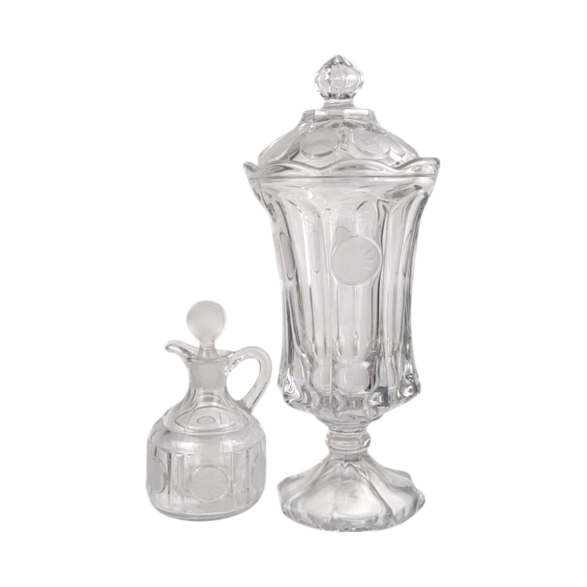 Vintage Fostoria Coin Covered Urn and Cruet Set, Crystal Glass, 13" Height, Decorative Set, Gift for Collector