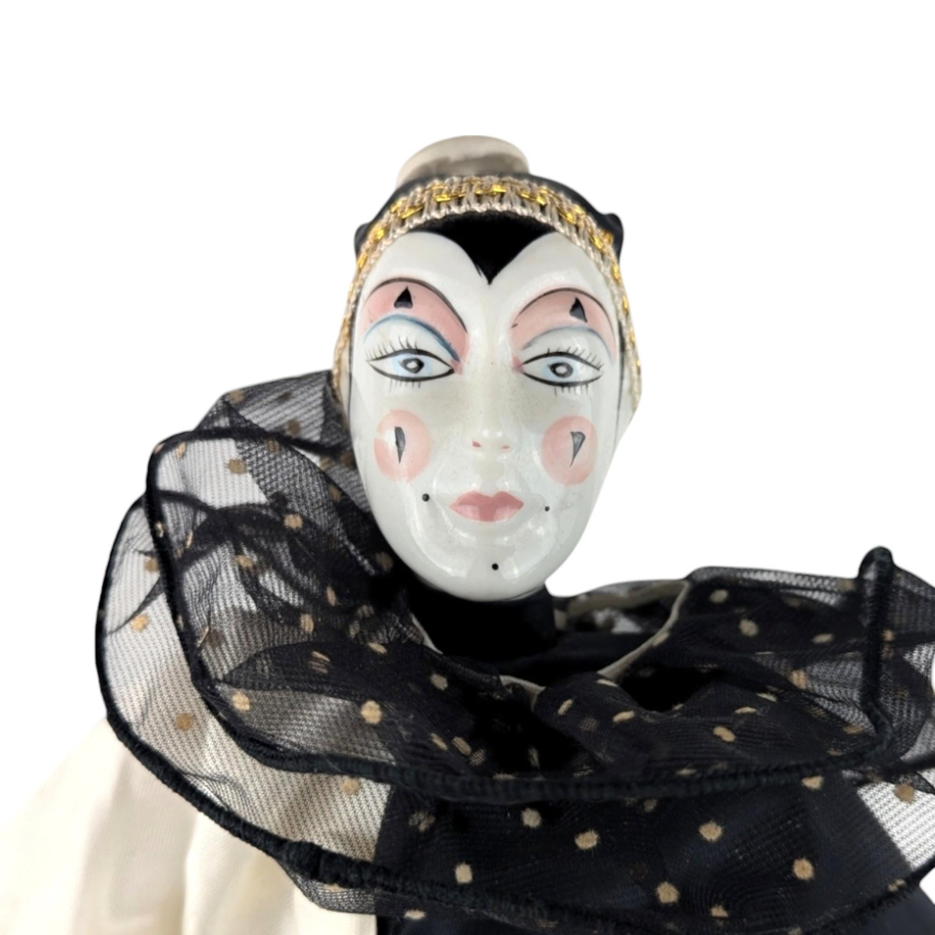 Vintage Harlequin Doll, Black and White Clown Doll, Porcelain Doll, Collectible Doll, 15 Inch Doll, Gift for Doll Collector