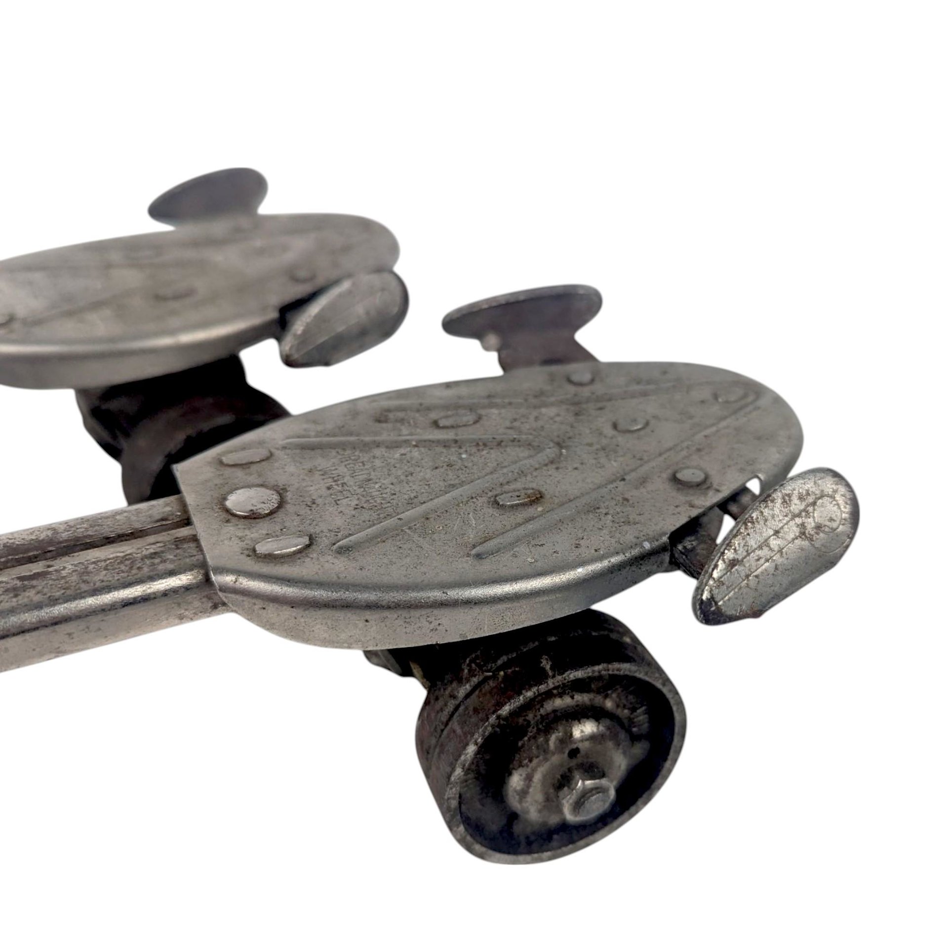 Vintage Metal Roller Skates with Key, Adjustable Sidewalk Skates with Deadnaught Wheels, Mid-Century Industrial Decor and Photo Prop
