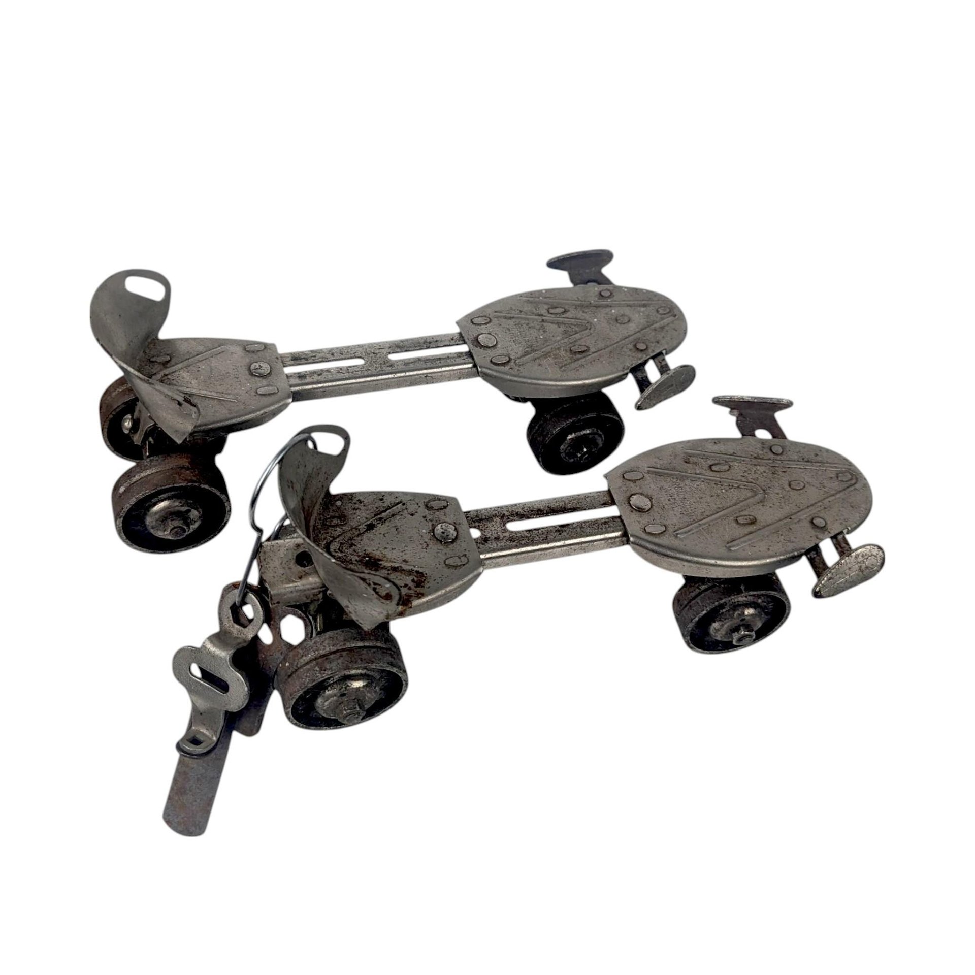 Vintage Metal Roller Skates with Key, Adjustable Sidewalk Skates with Deadnaught Wheels, Mid-Century Industrial Decor and Photo Prop