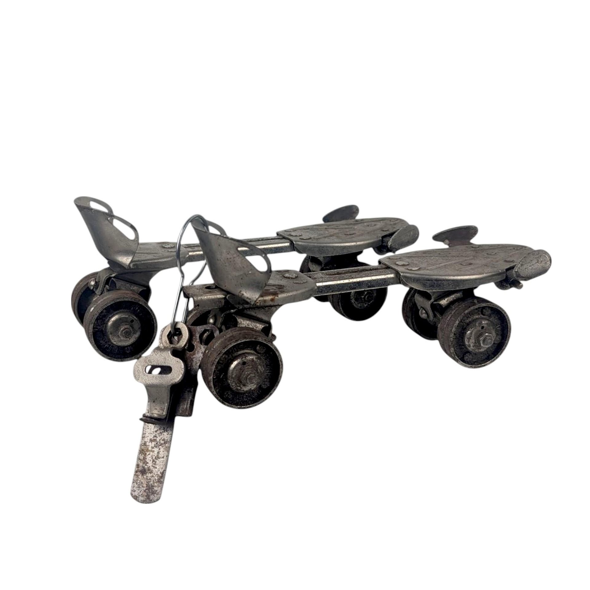 Vintage Metal Roller Skates with Key, Adjustable Sidewalk Skates with Deadnaught Wheels, Mid-Century Industrial Decor and Photo Prop