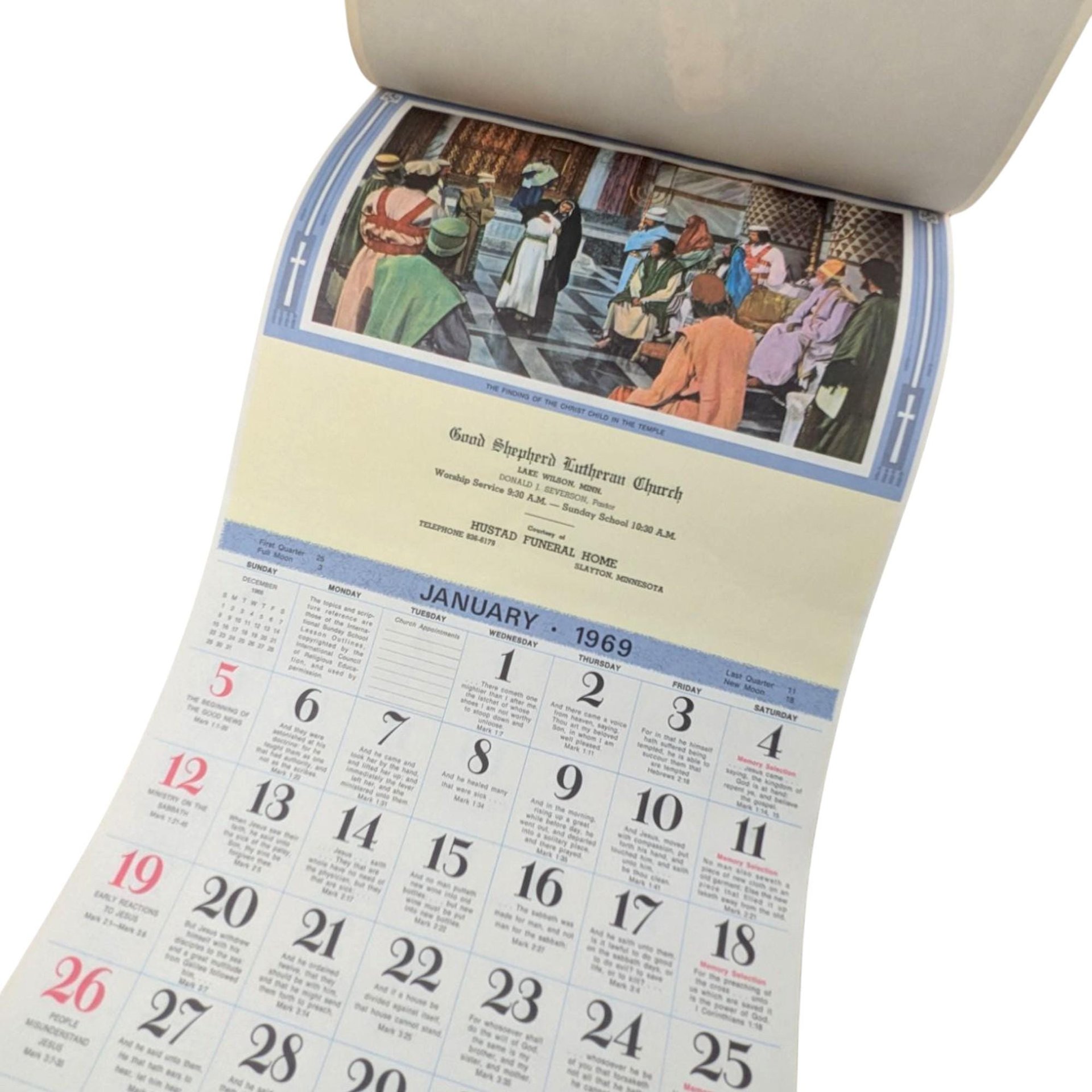 Vintage 1969 Bible Studies Calendar, Jesus in Gethsemane Wall Hanging, Lutheran Church Decor, Christian Religious Art Print