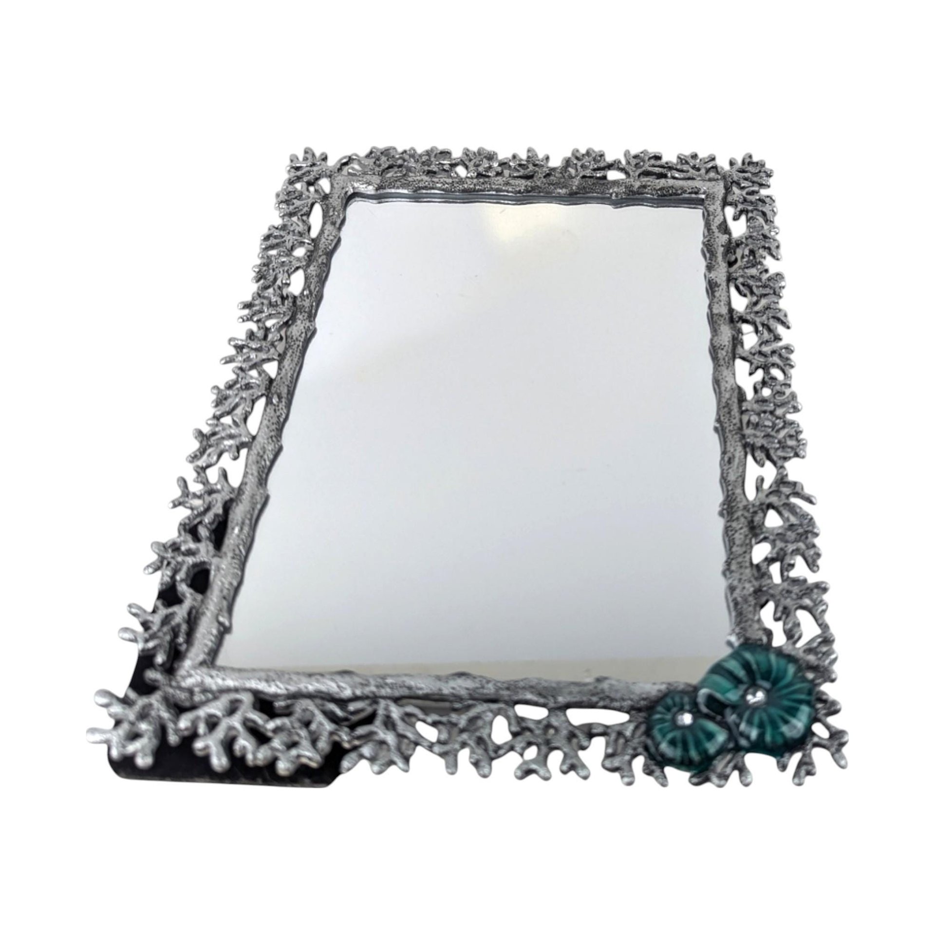 Vintage Pier One Metal & Enamel Mirror, Aqua Conch Shell Accent, Coastal Decor, Beach House Gift, Small Decorative Mirror