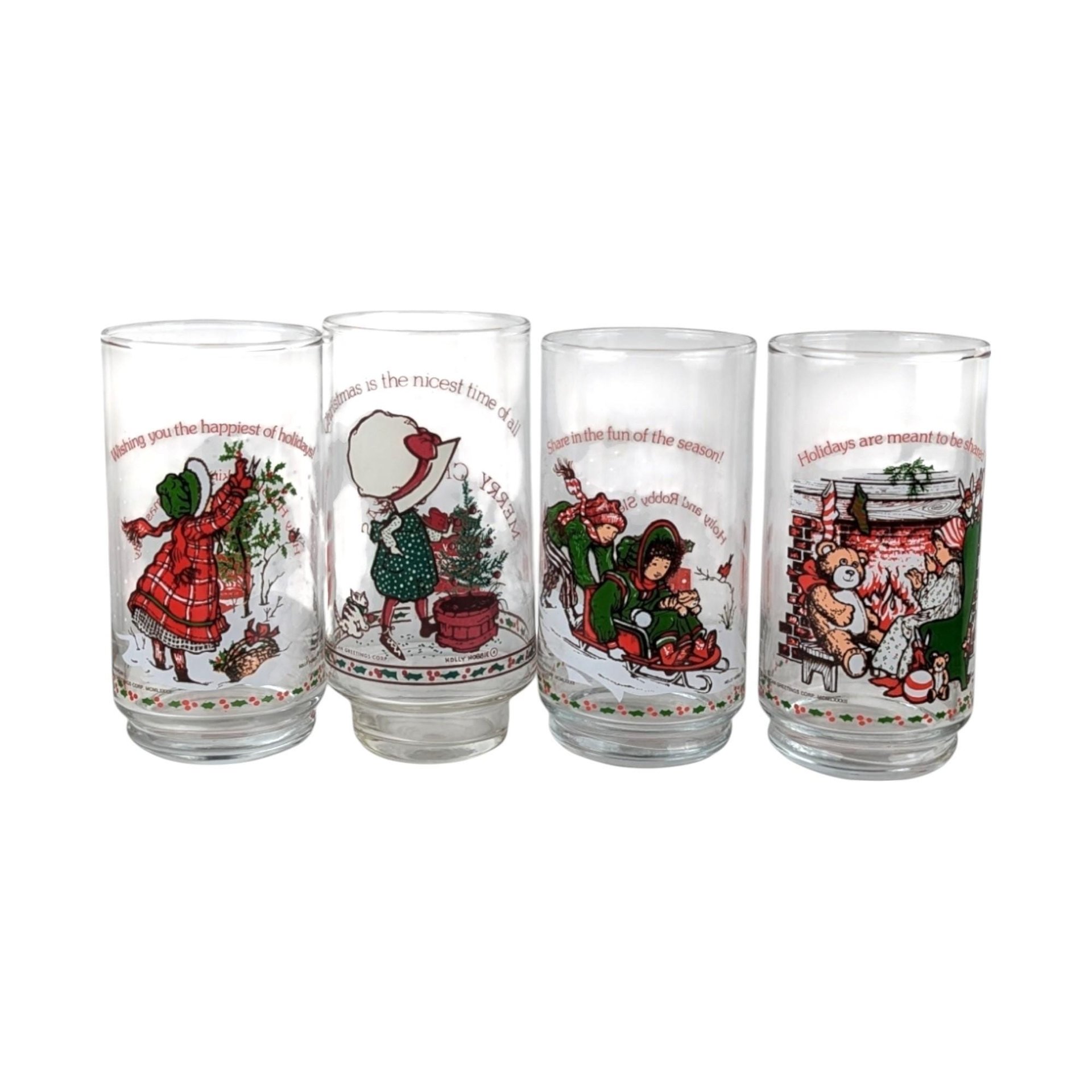 1982 Coca Cola Holly Hobbie Christmas Glasses, Vintage Set of 4 Collectible Holiday Drinkware, Gift for Nostalgia Lovers