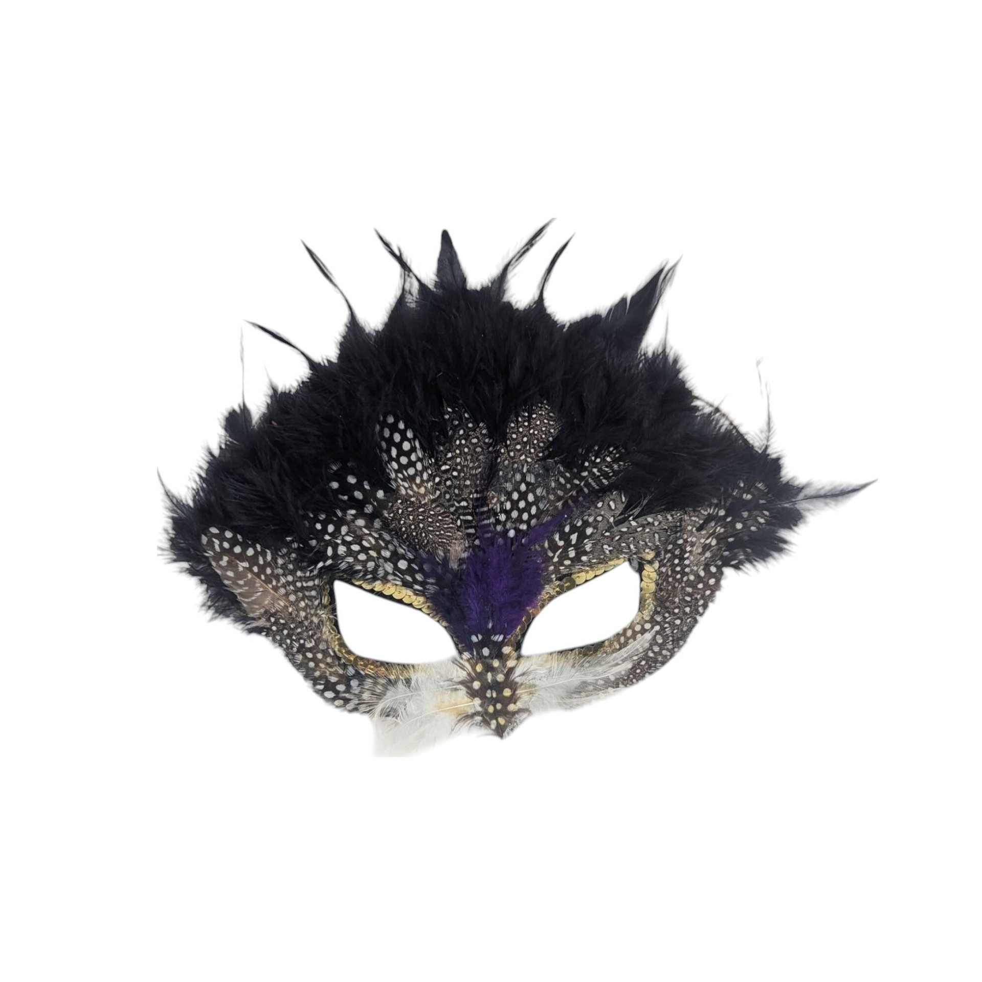 Vintage Applause Feather Half Mask, Black with Purple and Gold Trim, Costume Accessory, Masquerade Ball, Unique Decor