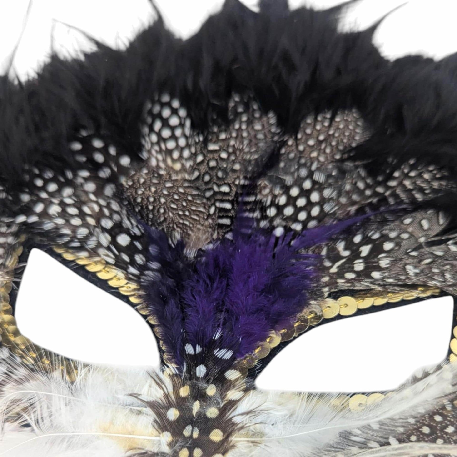 Vintage Applause Feather Half Mask, Black with Purple and Gold Trim, Costume Accessory, Masquerade Ball, Unique Decor