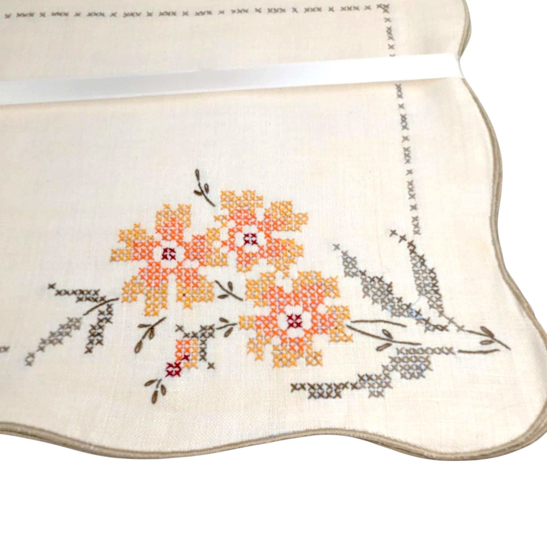 Vintage Bucilla Cross Stitch Placemat Set with Napkins, Unused Floral Embroidered Linens for Farmhouse Cottage Dining Table Decor
