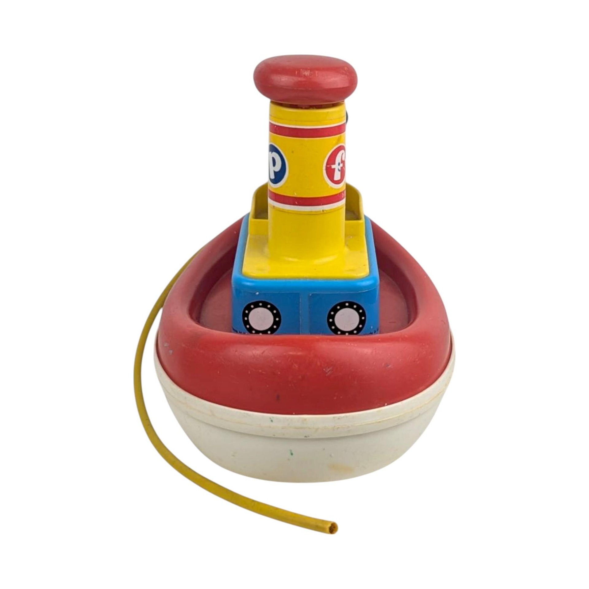 Vintage 1967 Fisher Price Tuggy Tooter Pull Toy #722, Wooden Captain Boat with Tooting Sound, Classic Nursery Decor Toy
